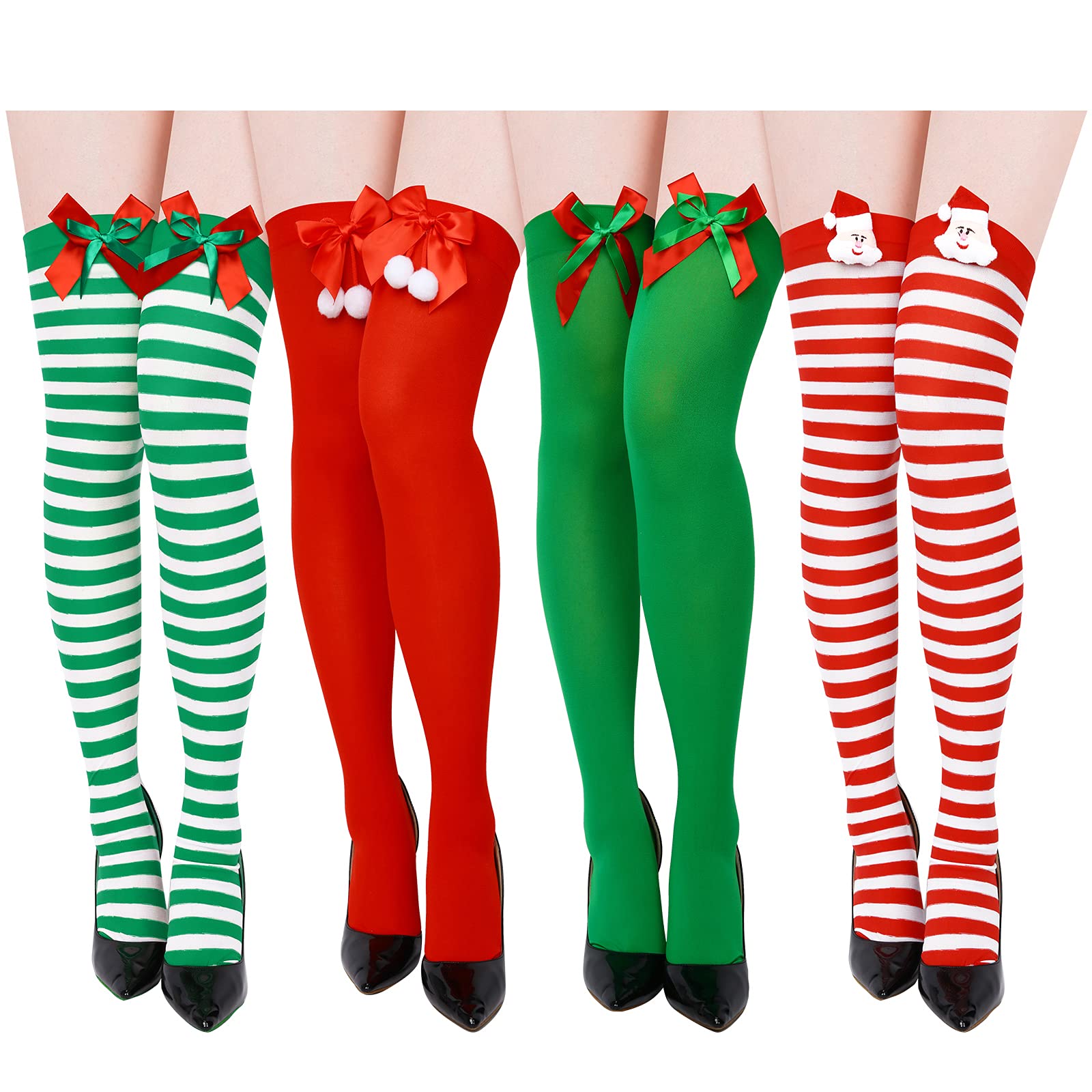 SATINIOR 4 Pairs Christmas Thigh High Socks - Striped Over Knee Stockings for Women, Red & White Holiday Socks for Halloween & Cosplay - Perfect for Christmas Parties, Gift Exchanges & Festive Outfits