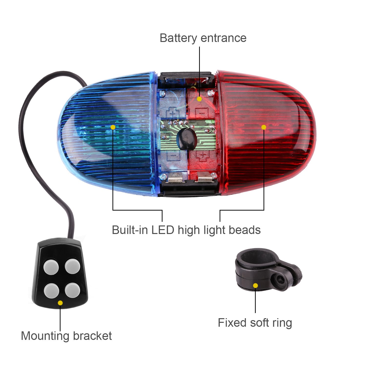 Oumers Bike LED Horn Siren with 6 Lights & 4 Sounds - Waterproof Cycling Safety for Night Rides