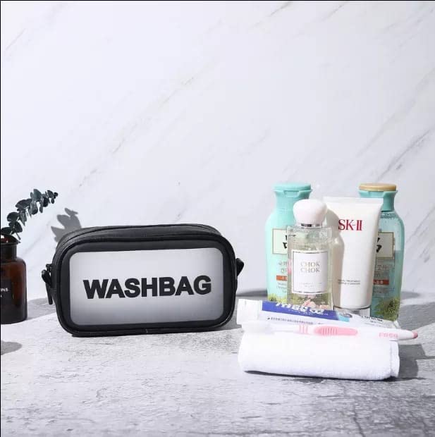 PACZO Small Waterproof Transparent Makeup Bag - Travel Cosmetic Organizer with Zipper, PVC Portable Wash Bag for Toiletries (2-Pack, White & Black) - Perfect for Gym, Travel & Daily Use