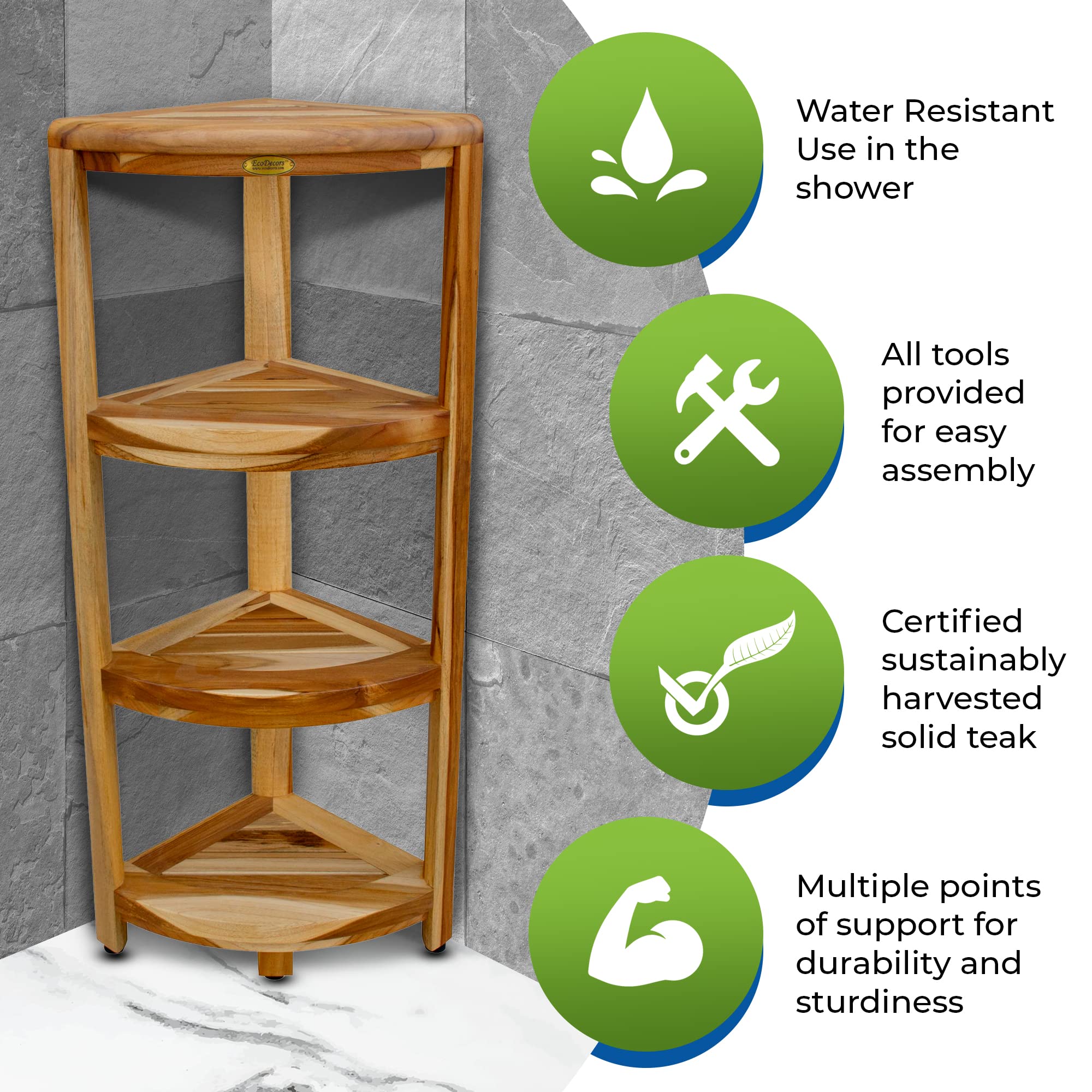 Waterproof Teak Wood Shower Bench Stool with 4-Tier Natural Shelf - Bathroom Storage Organizer for Safety & Accessories | Ideal for Small Spaces, Elderly Safety & Spa-Like Shower Experience