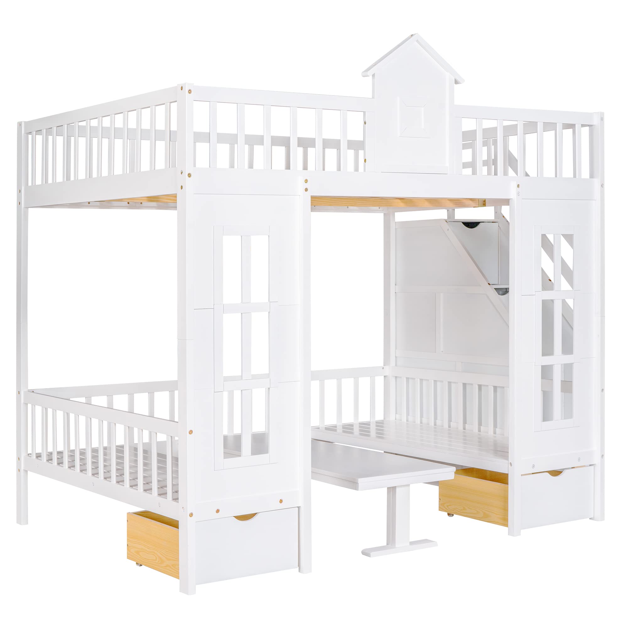 Solid Wood Full over Full Bunk Bed with Storage Staircase - Convertible Kids Bunk Bed Frame with Guardrail for Boys & Girls | Playhouse Design Twin Bunk Bed for Teens | Converts to Seating & Table Set (White) - Perfect for Small Bedrooms, Shared Kids Rooms & Space-Saving Solutions