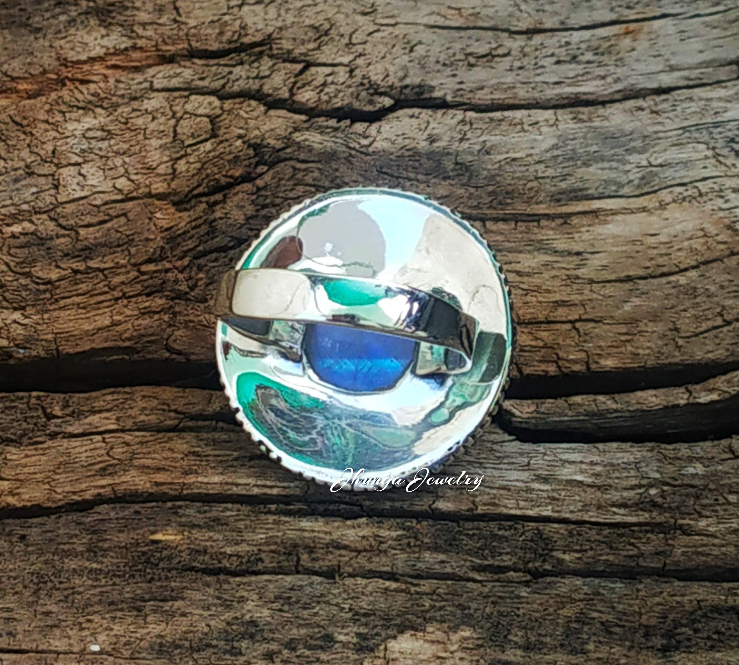 Natural Blue Flash Moonstone Ring - 925 Sterling Silver Artisan Jewelry with Rainbow Effect & Dotted Design | Wide Band Engagement Ring for Women/Men | Perfect Bridal Gift, Wedding Jewelry & Everyday Boho Chic Accessory