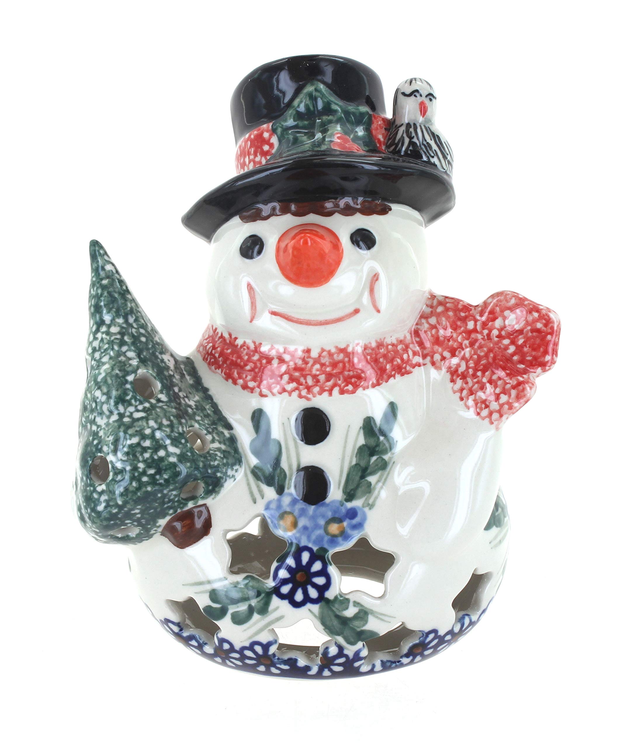 Blue Rose Polish Pottery Clementine Small Snowman Luminary - Handmade Ceramic Christmas Decor for Holiday Tabletop, Mantel & Gift Giving