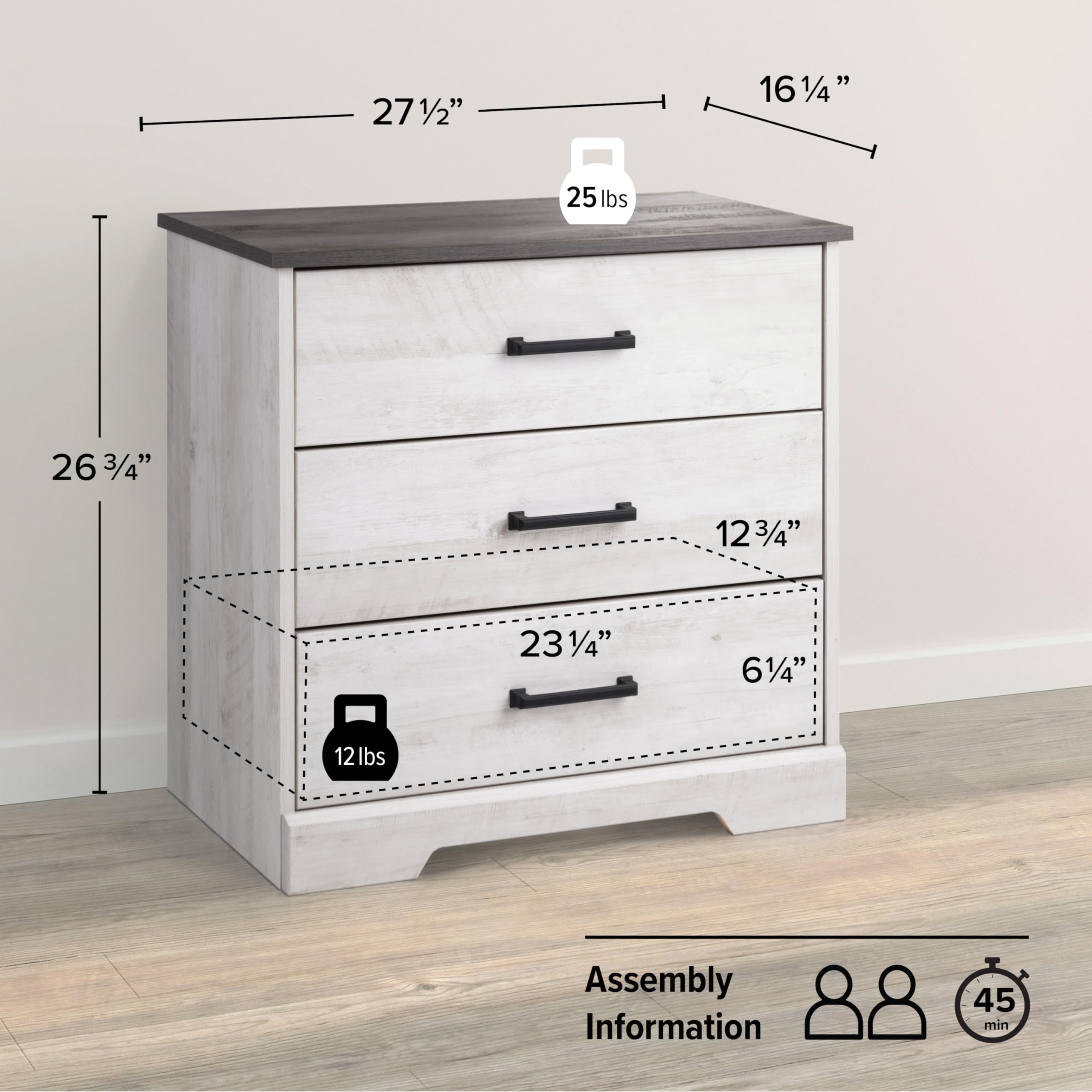 Rustic Farmhouse Nightstand with 3 Drawers - Solid Wood Bedroom Dresser Chest, 16.25