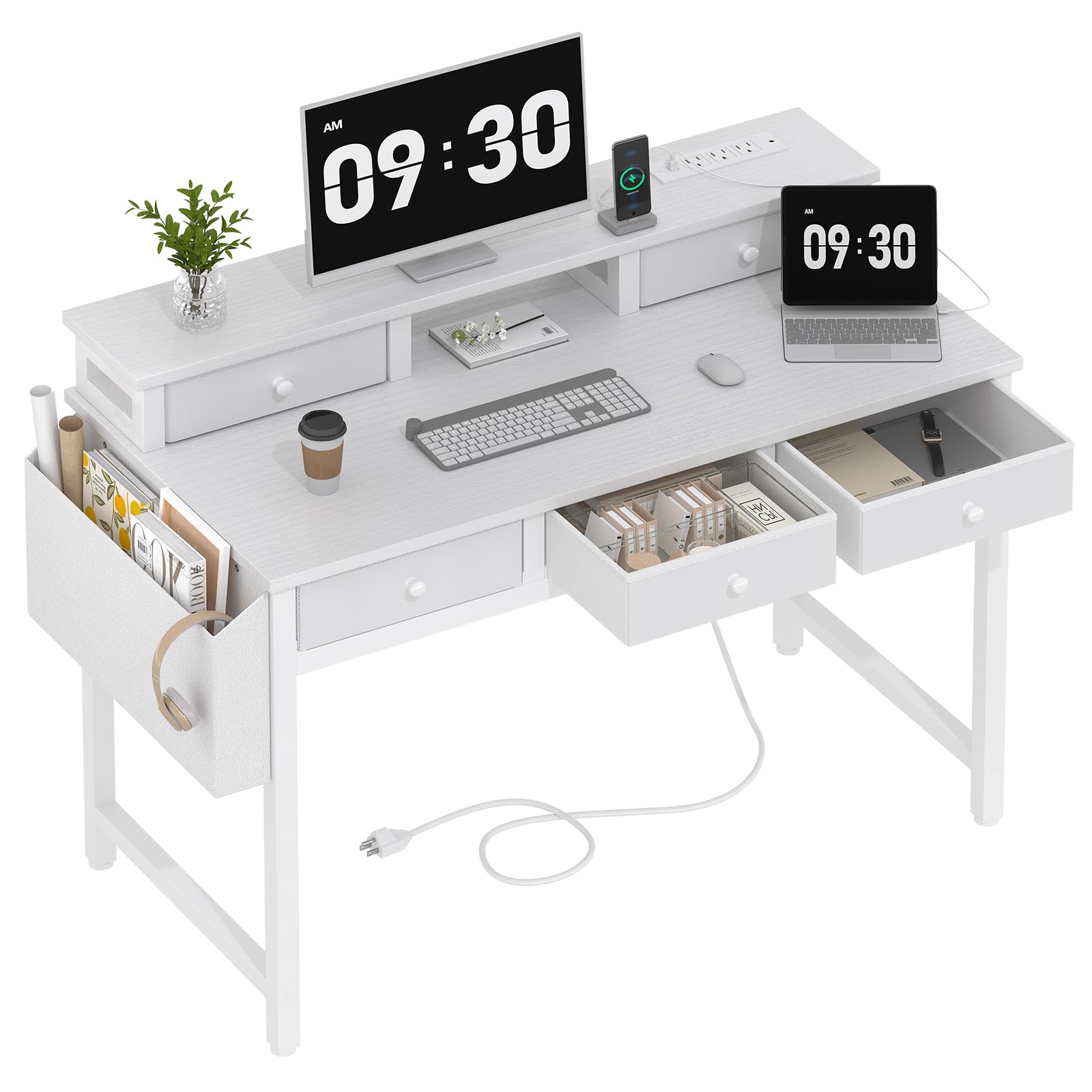 White 40-inch Computer Desk with Fabric Drawers & Power Outlet - Home Office Desk, Vanity Makeup Table with Storage for Bedroom, Study Writing Desk with Monitor Stand - Perfect for Remote Work, Gaming Setup & Beauty Station