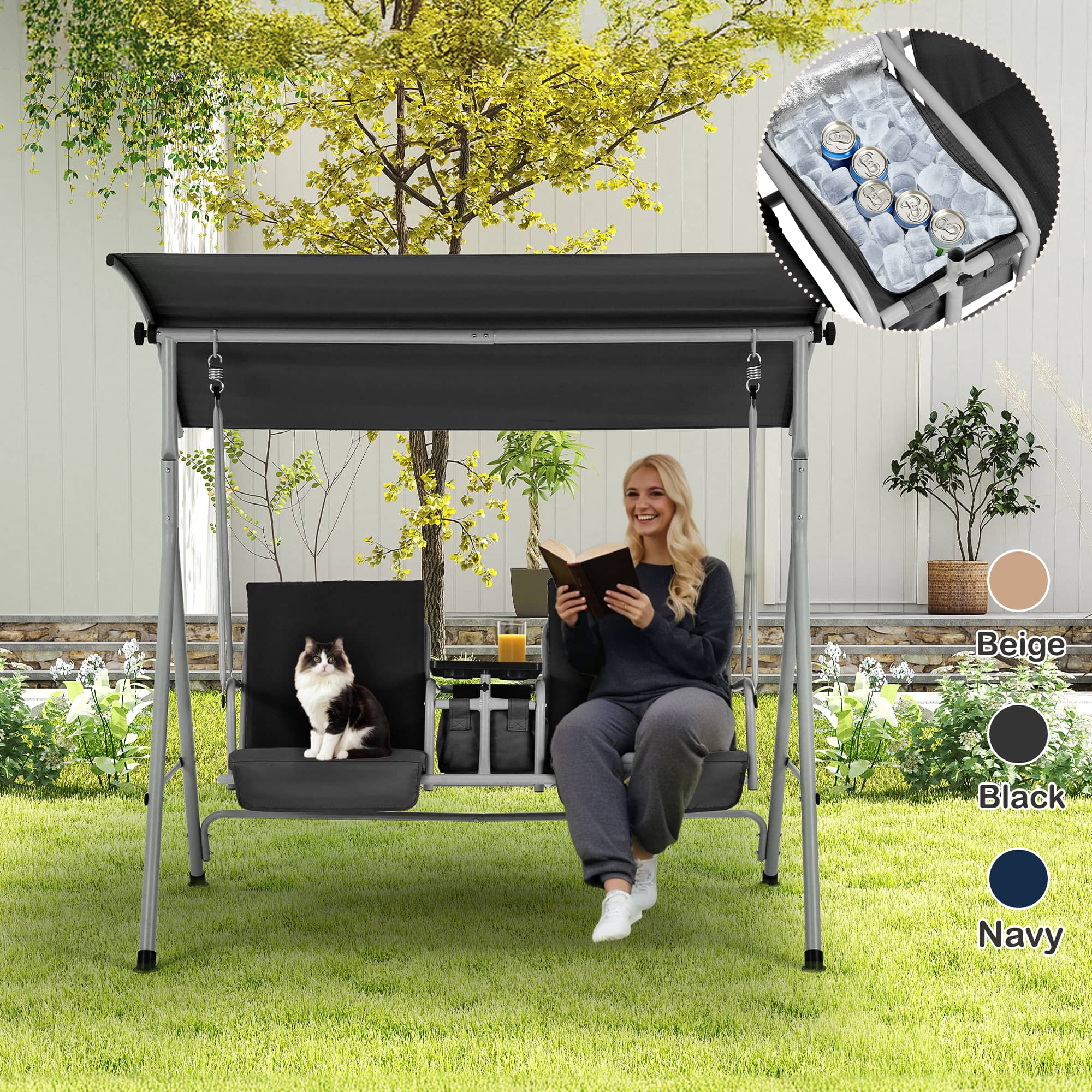 EROMMY 2-Person Outdoor Porch Swing with Canopy - Hanging Patio Chair with Storage Table, Cooler Bag & Comfortable Cushions (Black) - Perfect for Backyard, Garden, Deck Relaxation