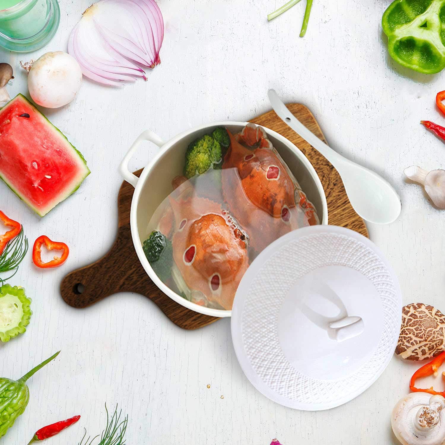 BAKOUSTAR 7-Inch Double Handle Pure White Ceramic Soup Tureen with Lid - Heat-Resistant Casserole, Clay Pot & Earthen Cookware for Serving, Baking & Gifting - Perfect for Soups, Stews, Side Dishes & Dinner Parties