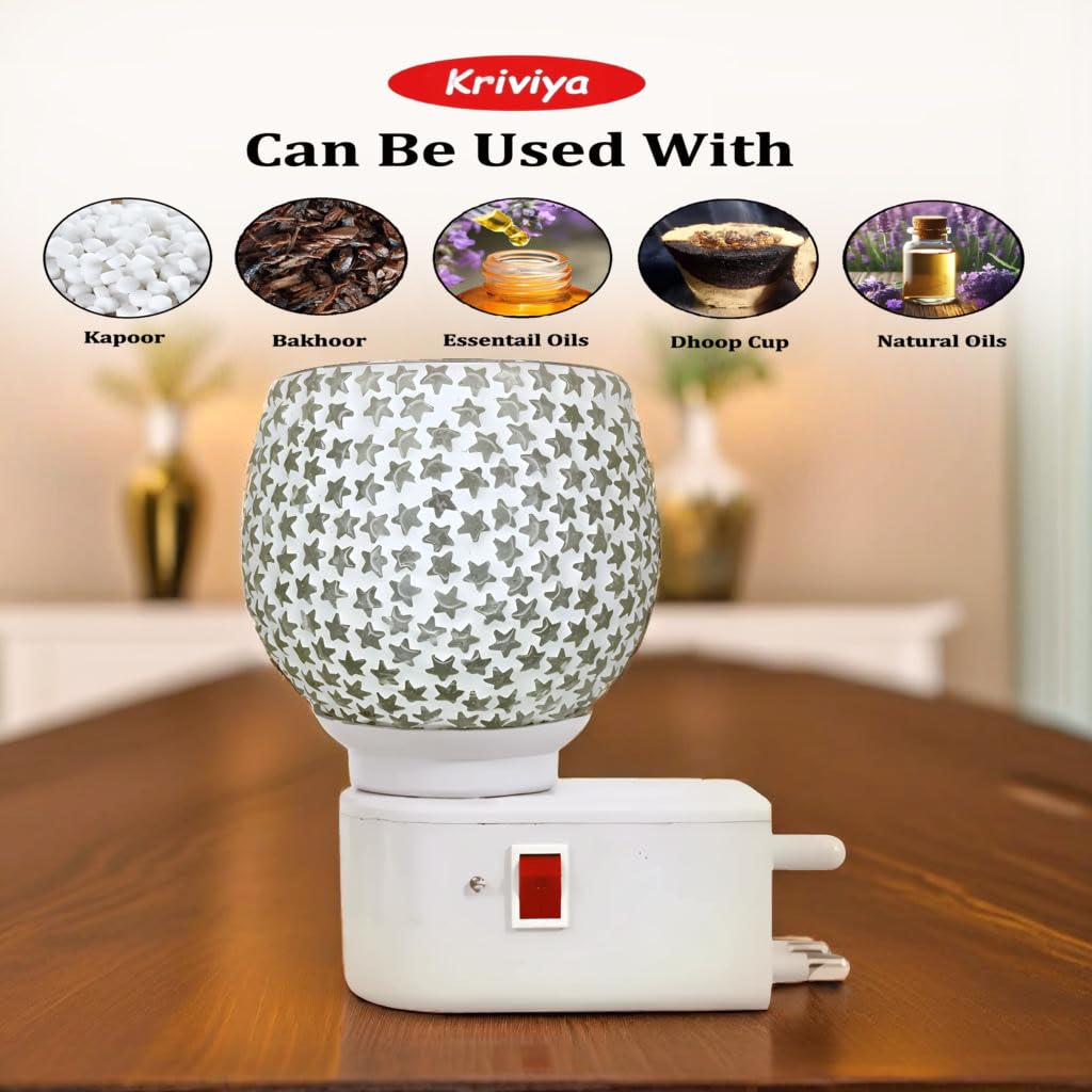Kriviya Electric Aroma Diffuser with Night Light - Premium Home & Office Decor, Essential Oil Diffuser for Relaxation, Kapoor & Laung Fragrance, White Star Design (M14) - Perfect for Bedroom, Yoga Studio & Spa Ambience