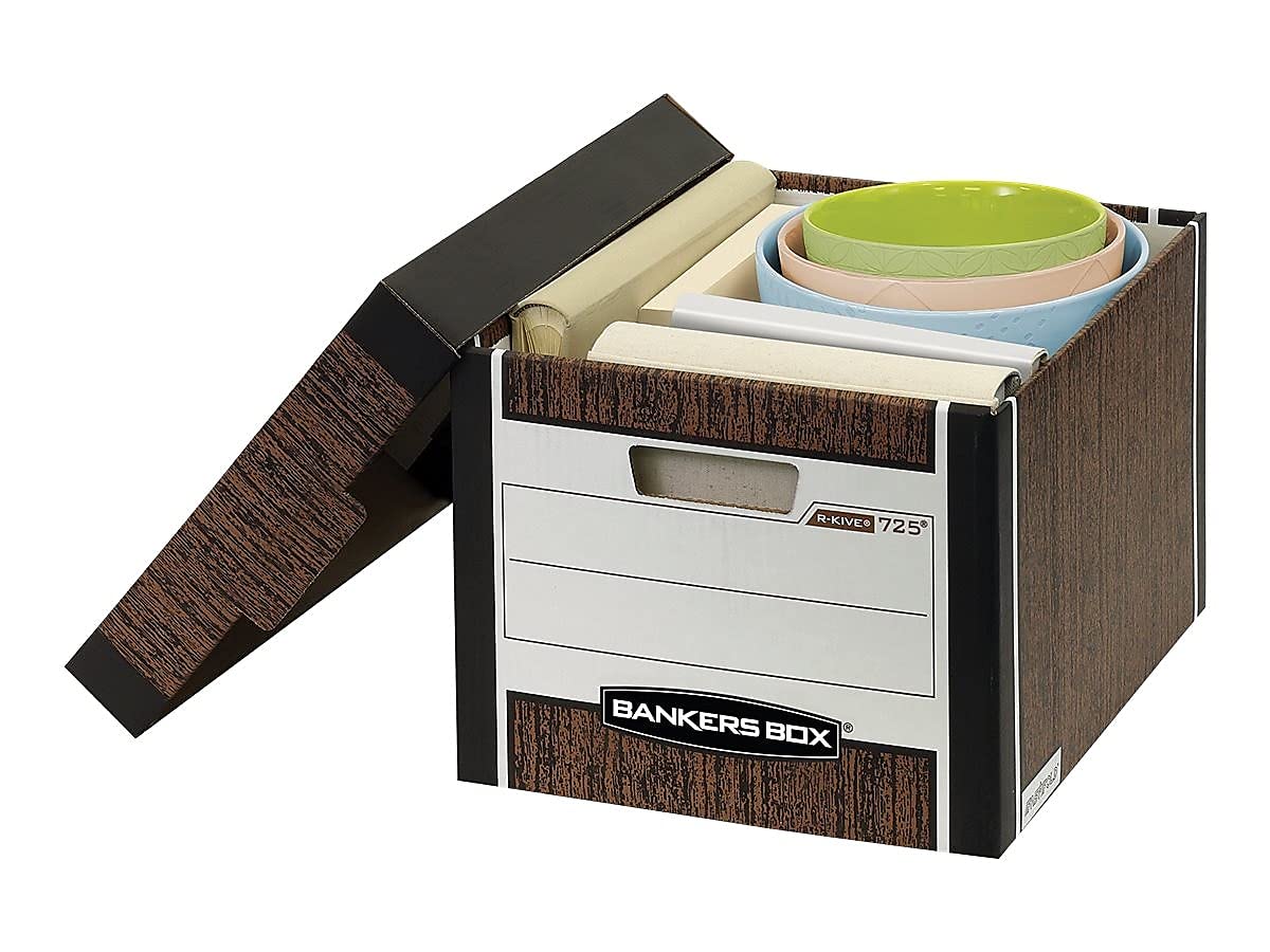 Bankers Box 000725 R-Kive Letter/Legal File Storage Box with Lid - Woodgrain Finish - 12-Pack Carton - Perfect for Office Organization, Document Storage & Home Filing Systems