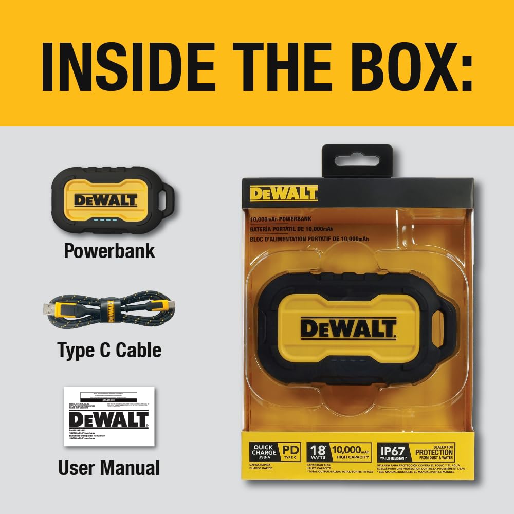 DEWALT 10,000mAh Portable Charger Power Bank with USB-C - Fast Charging for iPhone 16/16 Plus/16 Pro/16 Pro Max, iPhone 15 Series, iPhone 14/13, Samsung Galaxy - Perfect for Travel, Camping & Emergency Power Backup