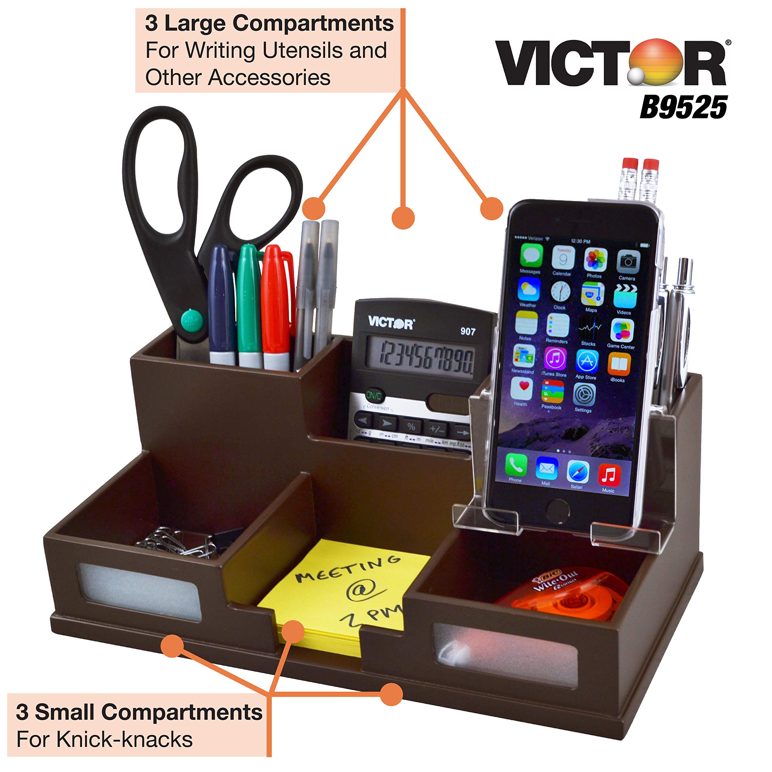 Victor Desk Organizer with Smartphone Holder - Mocha Brown Office Supplies (Model B9525) | Perfect for Home Office, Workspace & Study Desk Organization