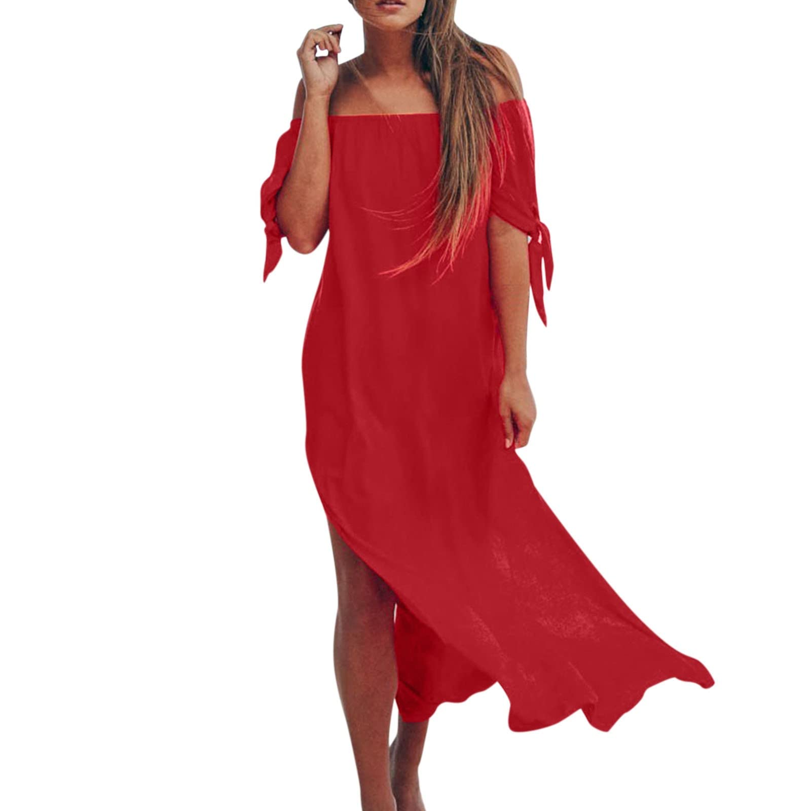 Women's Off Shoulder Knotted Maxi Dress with High Slit - Short Sleeve Plain Summer Dress for Beach, Party & Vacation