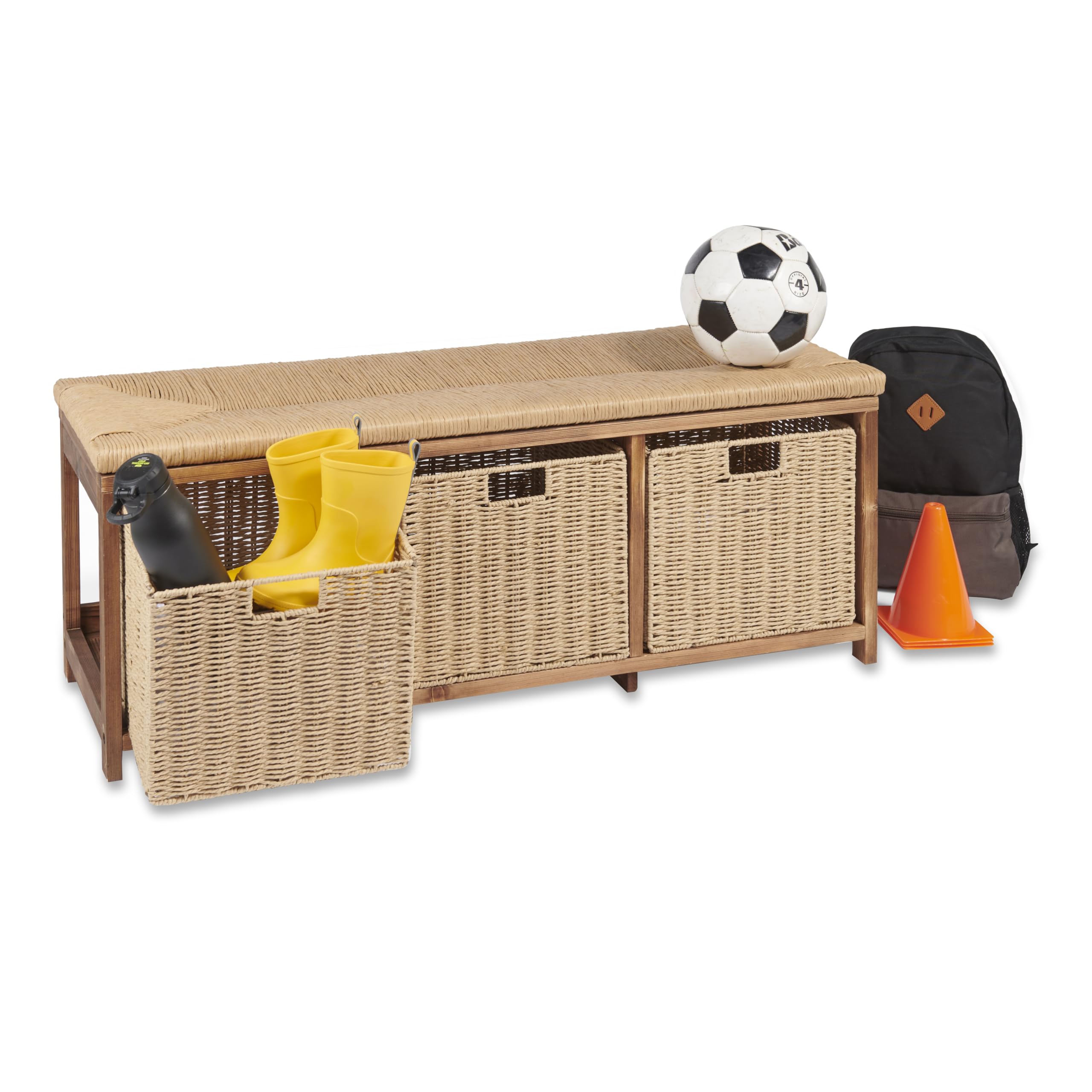 **Badger Basket Kid's Toy Storage Bench with Woven Top & 3 Collapsible Baskets - Light Brown - Perfect for Kids' Room Organization & Playroom Storage**