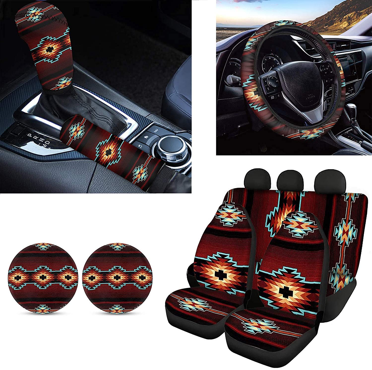 Aztec Ethnic Art Car Seat Covers Set with Steering Wheel Cover, Shift Knob & Handbrake Protector - Universal Fit for Cars, SUVs & Trucks - Perfect for Road Trips, Commuting & Interior Decoration