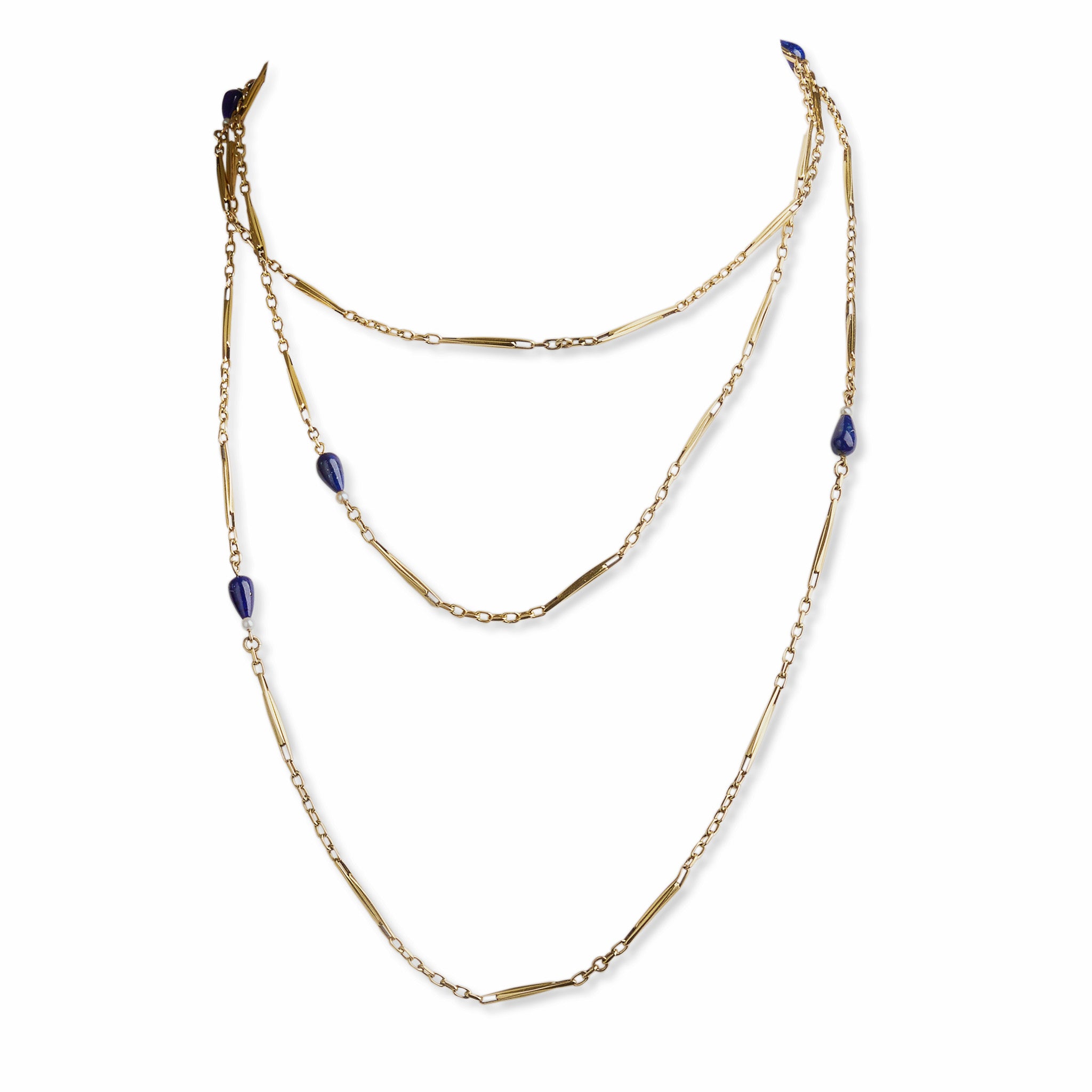 18K Gold Lapis Lazuli Long Chain Necklace for Women - Elegant French Jewelry Gift for Birthday, Anniversary & Special Occasions