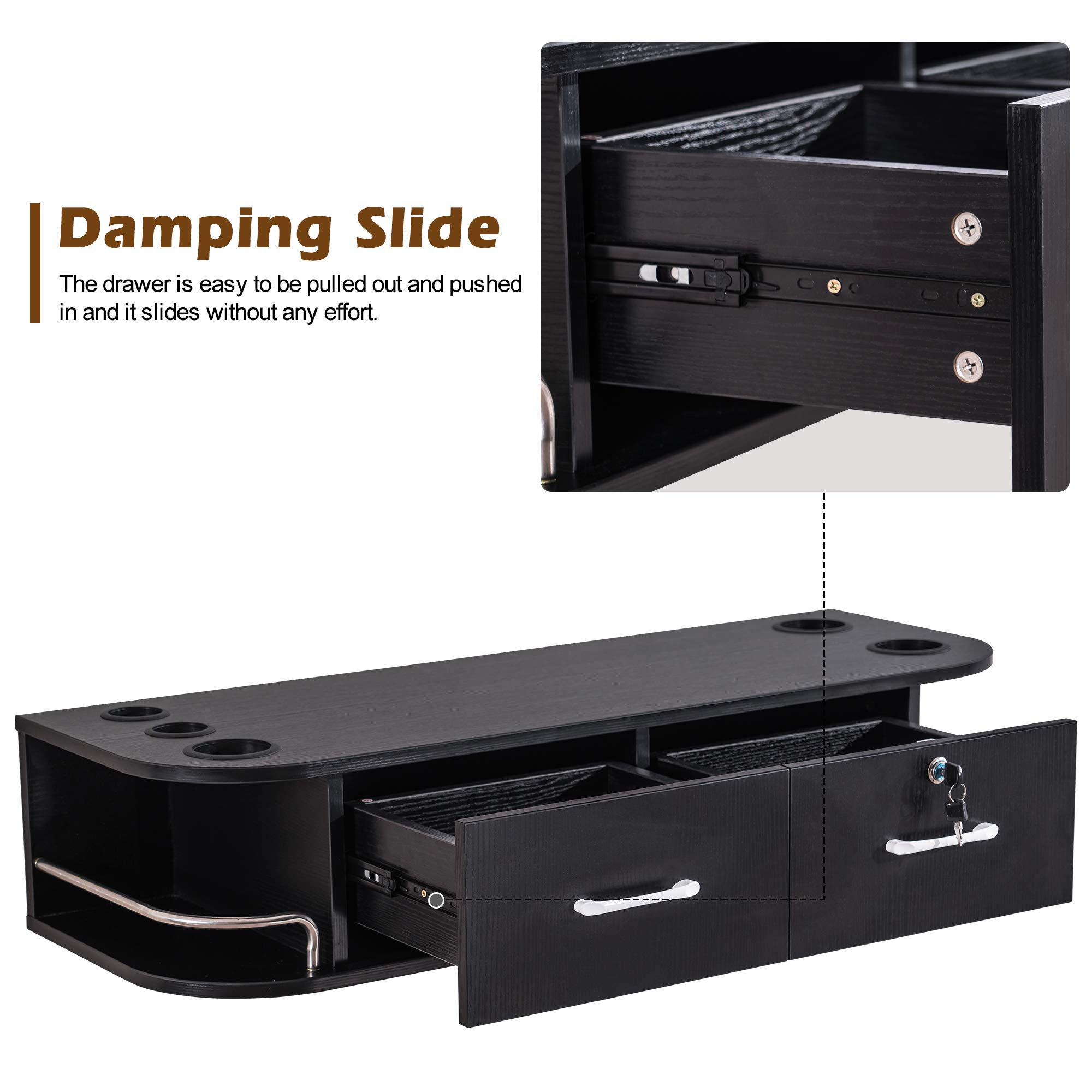 BarberPub Professional Wall Mount Hair Styling Station with Hair Dryer Holders - 2-Drawer Floating Salon Storage Unit for Barbers & Spas (Black) | Perfect for Salon Organization & Stylist Workstations