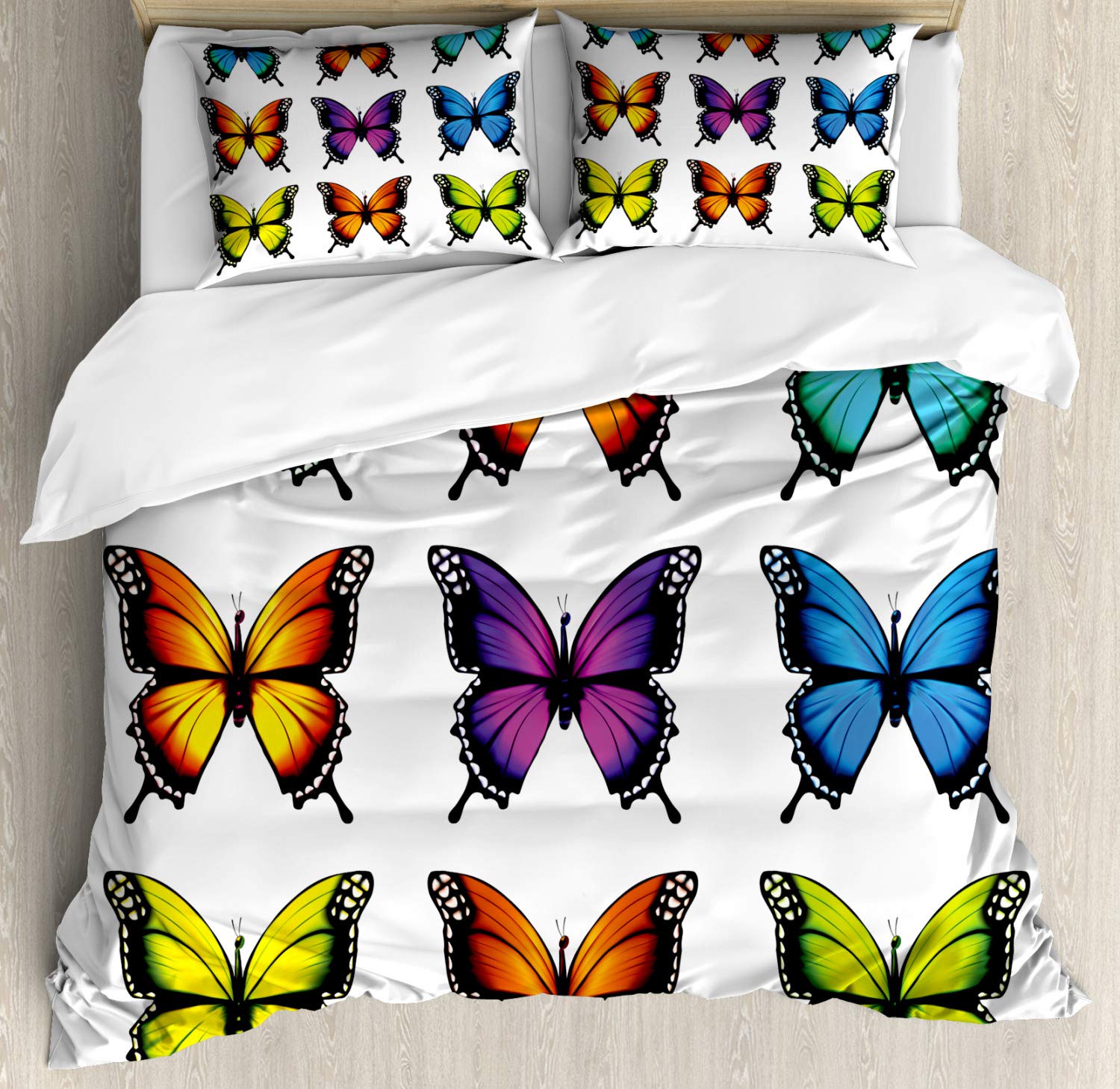 Ambesonne Colorful Butterfly Duvet Cover Set - 3 Piece Queen Size Bedding with 2 Pillow Shams, White & Multicolor Sketch Art Design | Perfect for Bohemian & Nature-Inspired Bedroom Decor