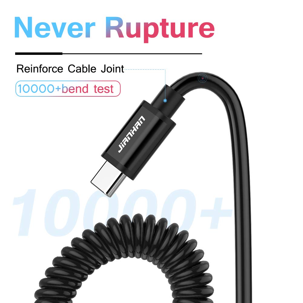 2-Pack 4ft Coiled USB C Fast Charging Cable for Car - Spring USB Type C Charger Compatible with Samsung Galaxy S10/S9/S8/Note 8/9, LG G7/G6/G5, Google Pixel 2 - Durable & Tangle-Free (Black) - Perfect for Road Trips & Daily Commuting