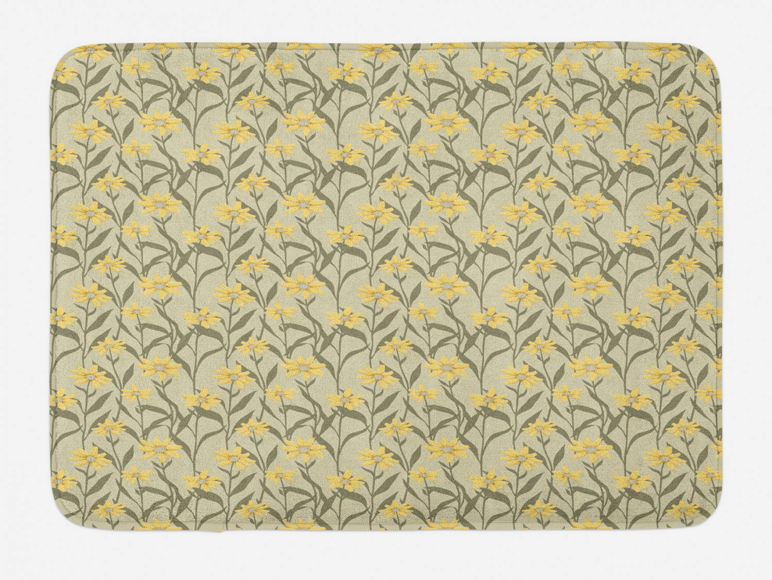 Ambesonne Floral Bath Mat - Vintage Mustard Flower Silhouette Pattern, Non-Slip Plush Bathroom Rug, 30.2 x 20 Inches, Grey Yellow & Slate Brown - Perfect for Farmhouse, Boho & Vintage Style Bathroom Decor