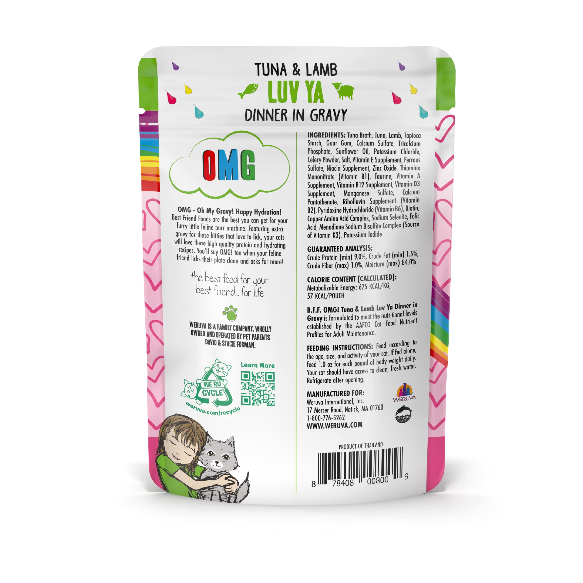 Weruva B.F.F. OMG Best Feline Friend Oh My Gravy! Tuna & Lamb Luv Ya Cat Food in Gravy - Grain-Free Wet Cat Food Pouches, 3oz (Pack of 12) - High Protein Meal for Adult & Senior Cats - Perfect for Picky Eaters & Hydration Support
