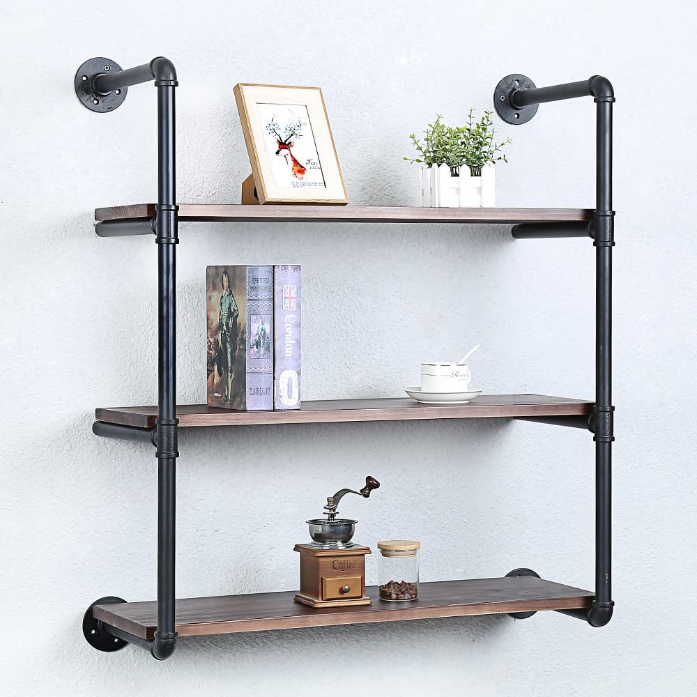 Industrial Pipe Shelving Wall Mounted - 30 Inch Rustic Metal Floating Shelves with Real Wood - Steampunk Bookshelf for Farmhouse Kitchen & Bar (3 Tier) - Perfect for Home Office, Living Room & Bedroom Storage