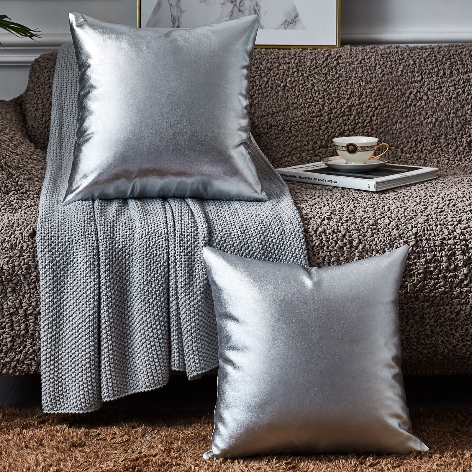 EUCIOR Silver Metallic Decorative Throw Pillow Covers 18x18 Inch (Pack of 2) - Modern Shiny Cushion Covers for Sofa, Bedroom, Car & Home Decor - Perfect for Living Room Accents, Bedding Accessories and Vehicle Interior Styling