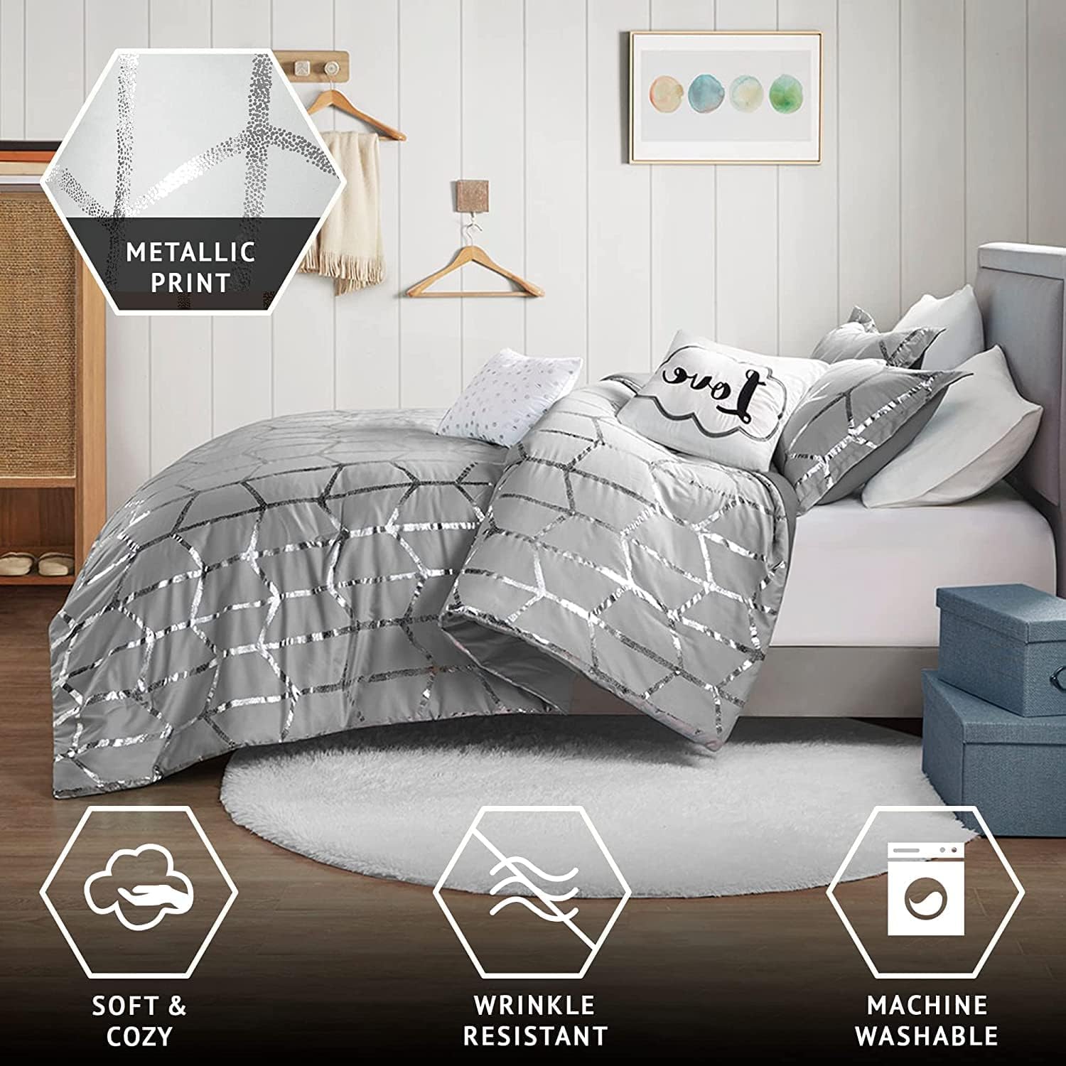Premium Raina Comforter Set - Full/Queen Size, Soft Grey & Silver Bedding - Perfect for Master Bedroom, Guest Room & Cozy Home Decor