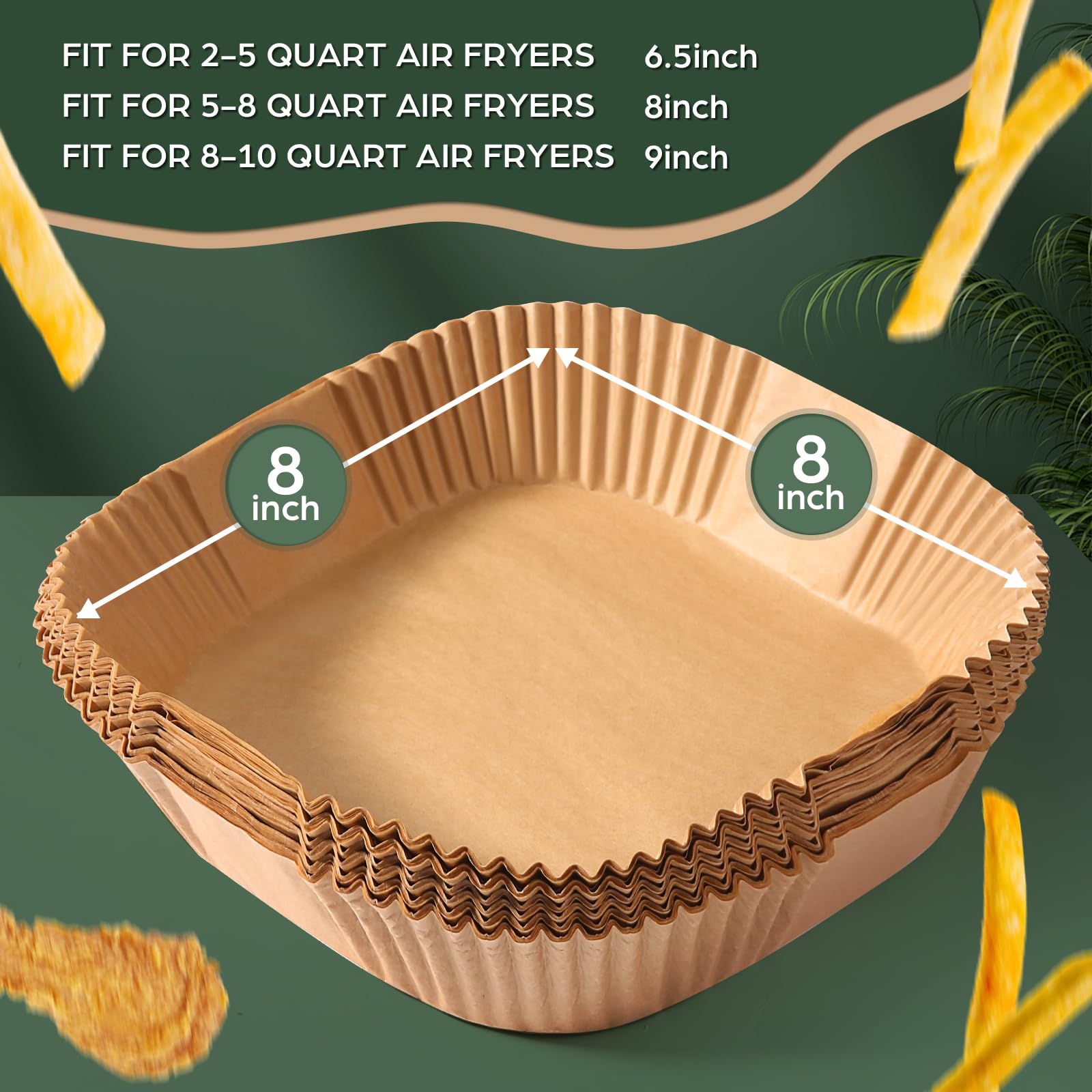 Upgraded 8-Inch Air Fryer Disposable Paper Liners - 100 Pcs Thickened Square Parchment Sheets for 5-8QT Air Fryers, Baking, Roasting | Reversible & Non-Stick | Perfect for Chicken Wings, French Fries & Healthy Cooking