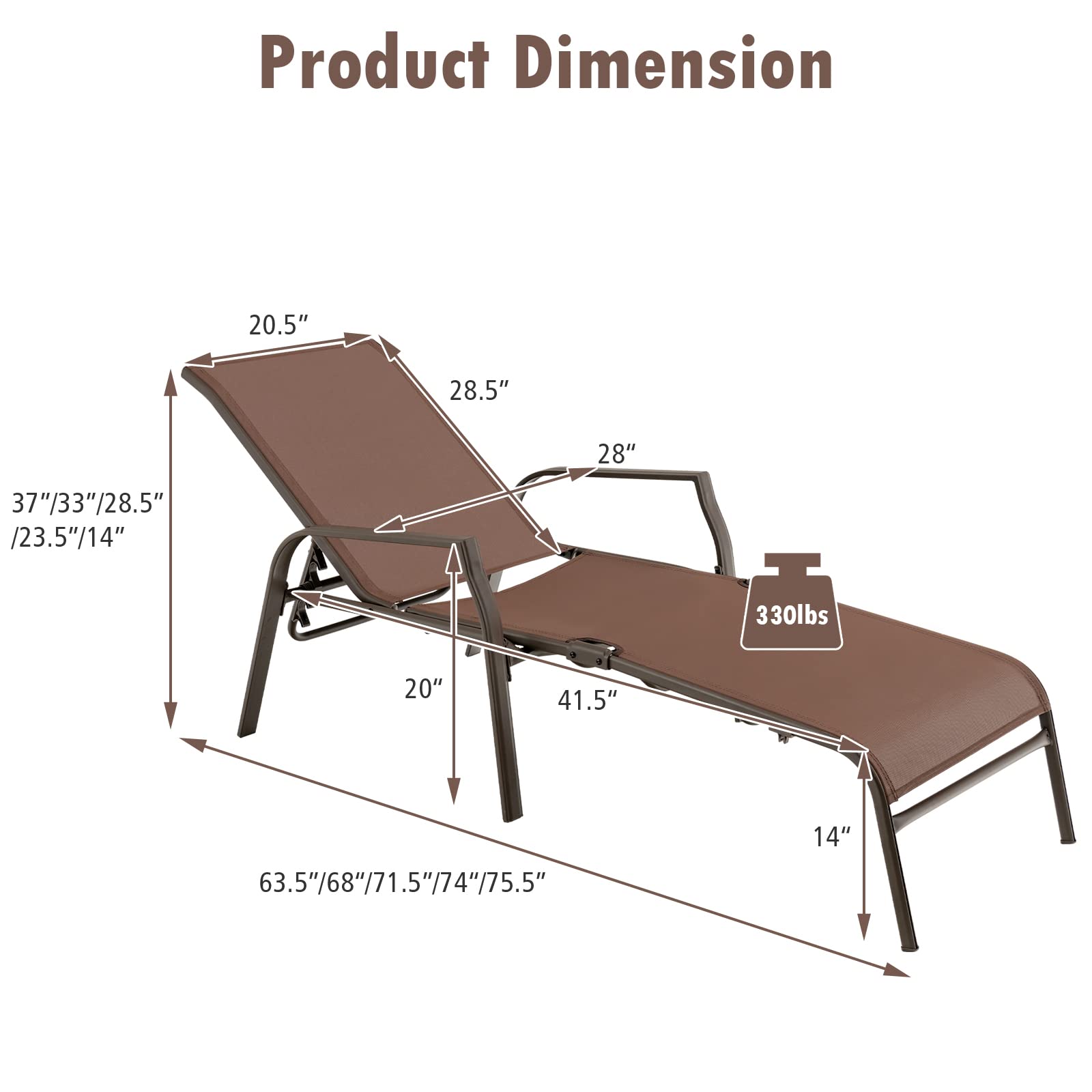 Tangkula 2-Piece Adjustable Folding Stackable Patio Lounge Chairs Set - Heavy Duty Steel Frame, 5-Position Reclining Backrest - Perfect for Poolside, Backyard, Beach & Outdoor Relaxation (Brown)