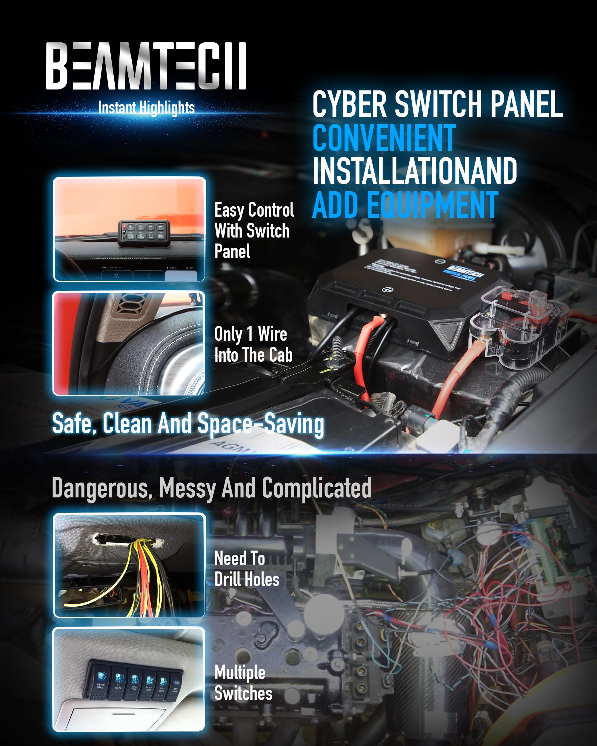 BEAMTECH 8 Gang RGB Switch Panel with Momentary/Pulsed Control - LED Light Controller for Off Road ATV UTV Car Truck Van - Perfect for Vehicle Customization & Auxiliary Lighting Systems