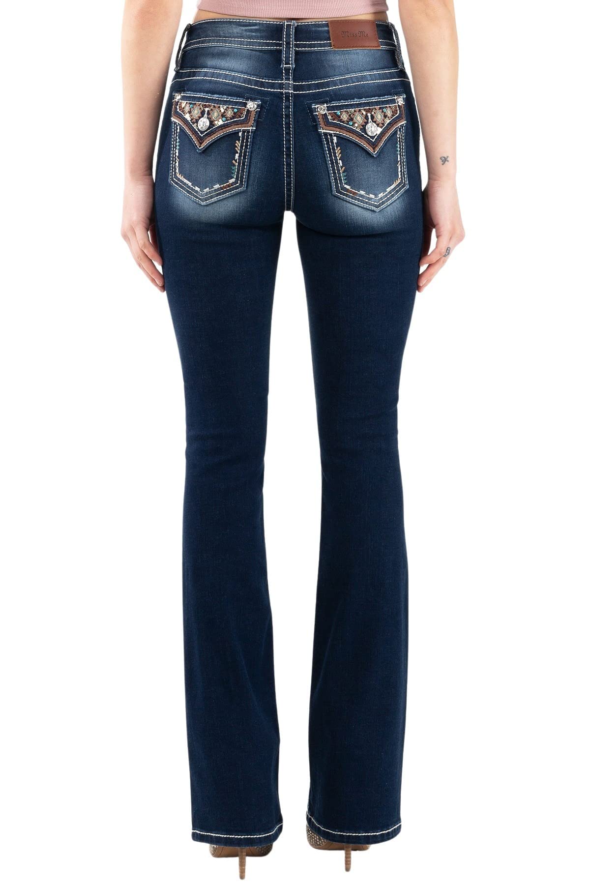 Miss Me Women's Aztec Stitched Mid Rise Bootcut Jeans with Faux Flaps - Stylish Western Denim Pants for Casual Wear, Night Out & Country Music Events