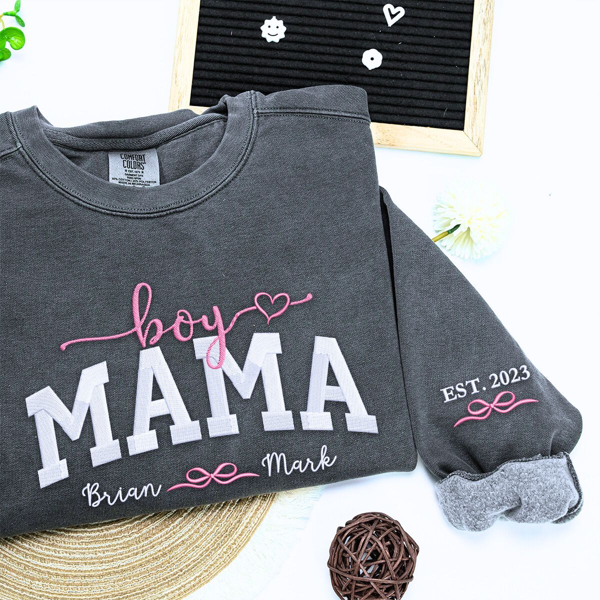 Custom Embroidered Boy Mama Sweatshirt & Hoodie with Kids Names - Perfect for Family Photos, Mother's Day Gifts & Cozy Parenting Moments
