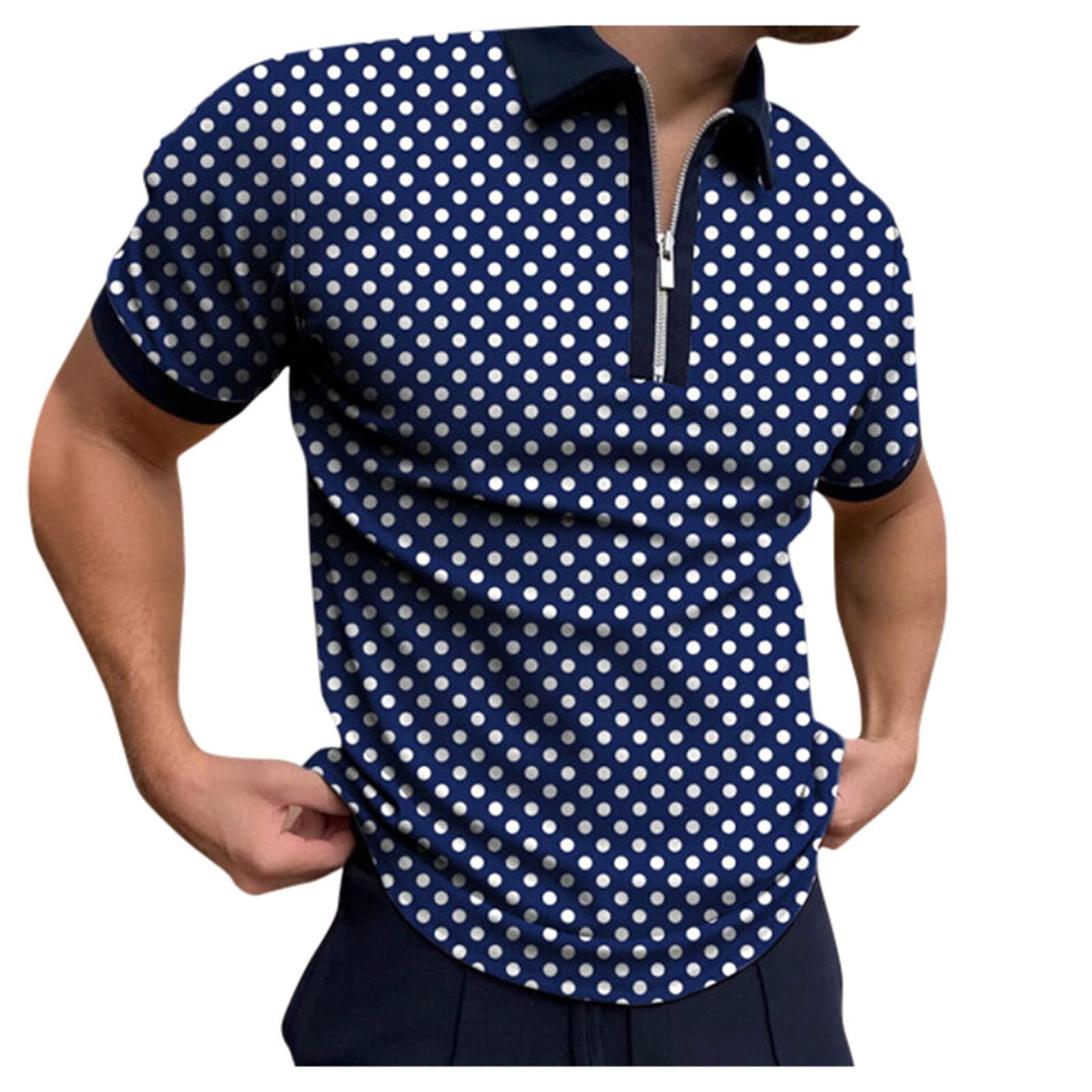 Men's Casual Turn Down Collar Polos - Zipper Dot Print Short Sleeve Dress Shirt for Office, Party & Summer Outfits | Luxury Polka Dot Fashion Top for Business Casual Wear