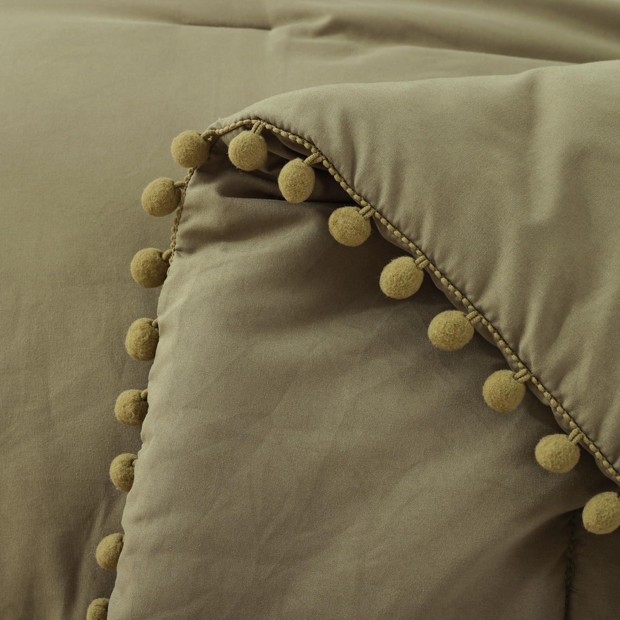 Queen Comforter Set with Pom Fringe - 3pc Soft Bedding for All Seasons in Olive Green | Cozy Home Decor