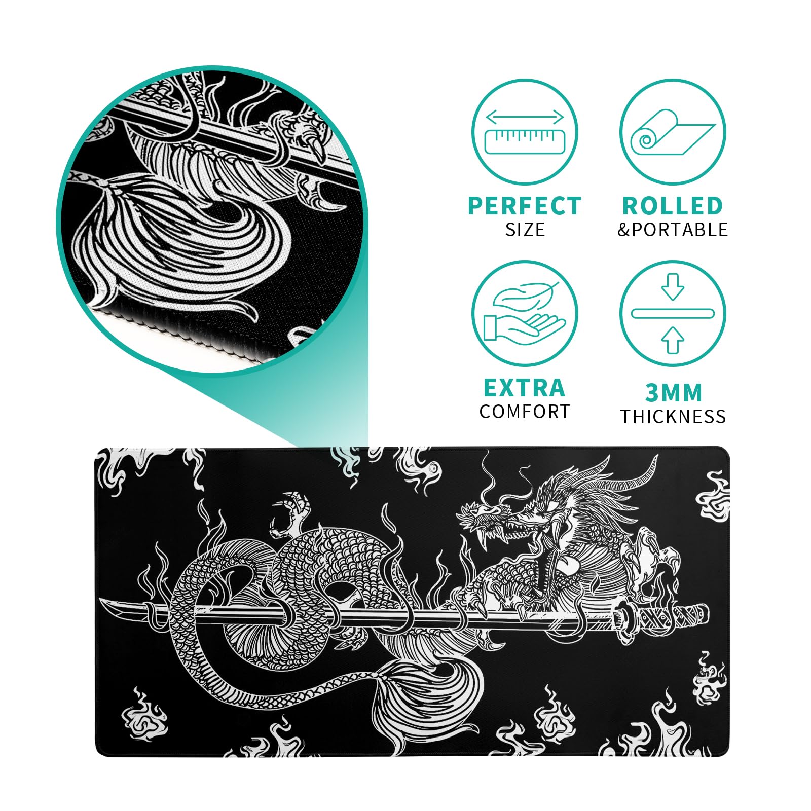 Premium Large Gaming Mouse Pad (27.6x11.8 Inch) - Non-Slip Base, Stitched Edges - Black Dragon Design Desk Mat for Keyboard & Mouse - Perfect for PC Gaming, Office Work & Home Computer Setup