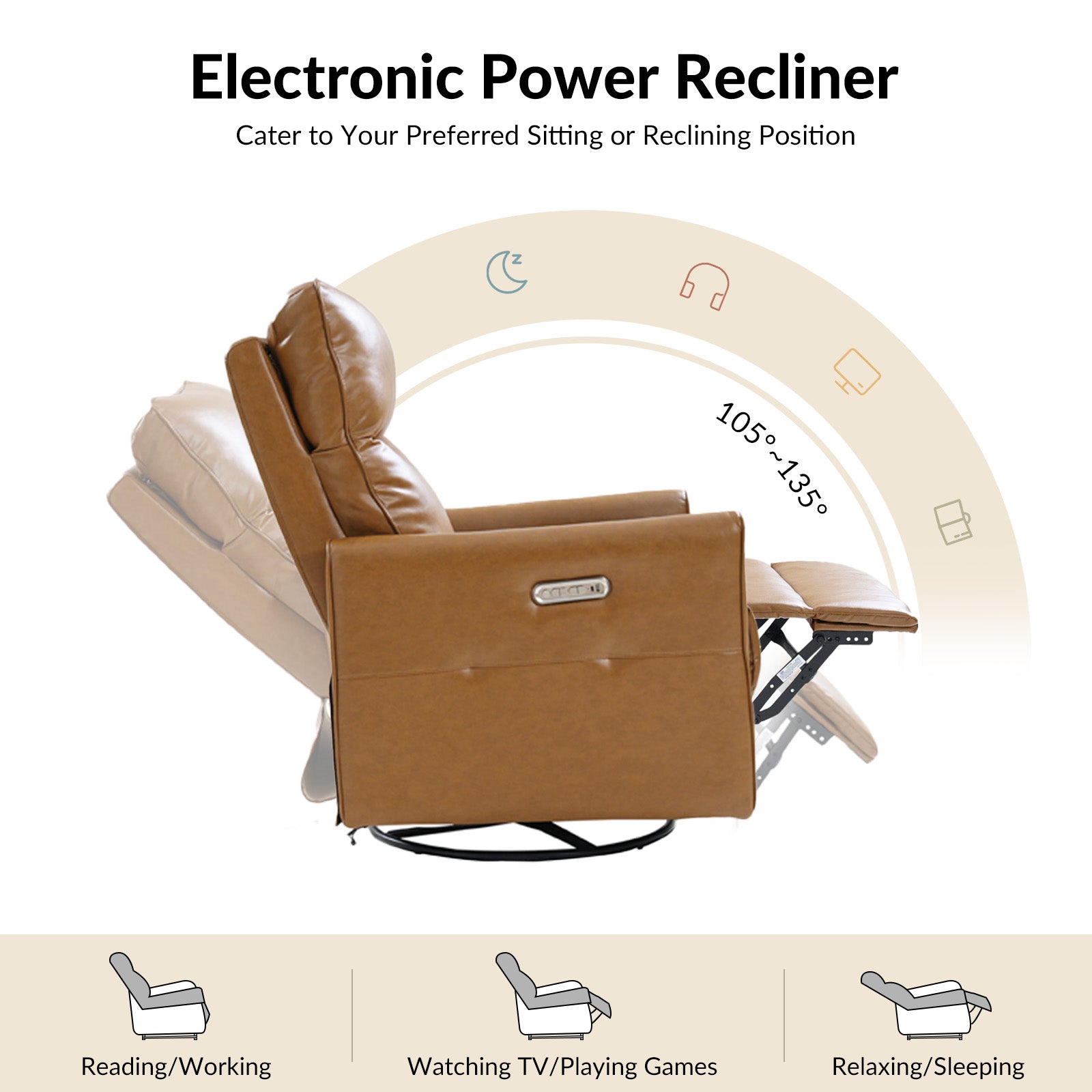 Modern Faux Leather Power Swivel Recliner Chair with USB Charging & Adjustable LED Reading Lamp - Perfect for Home Theater, Living Room & Office Relaxation