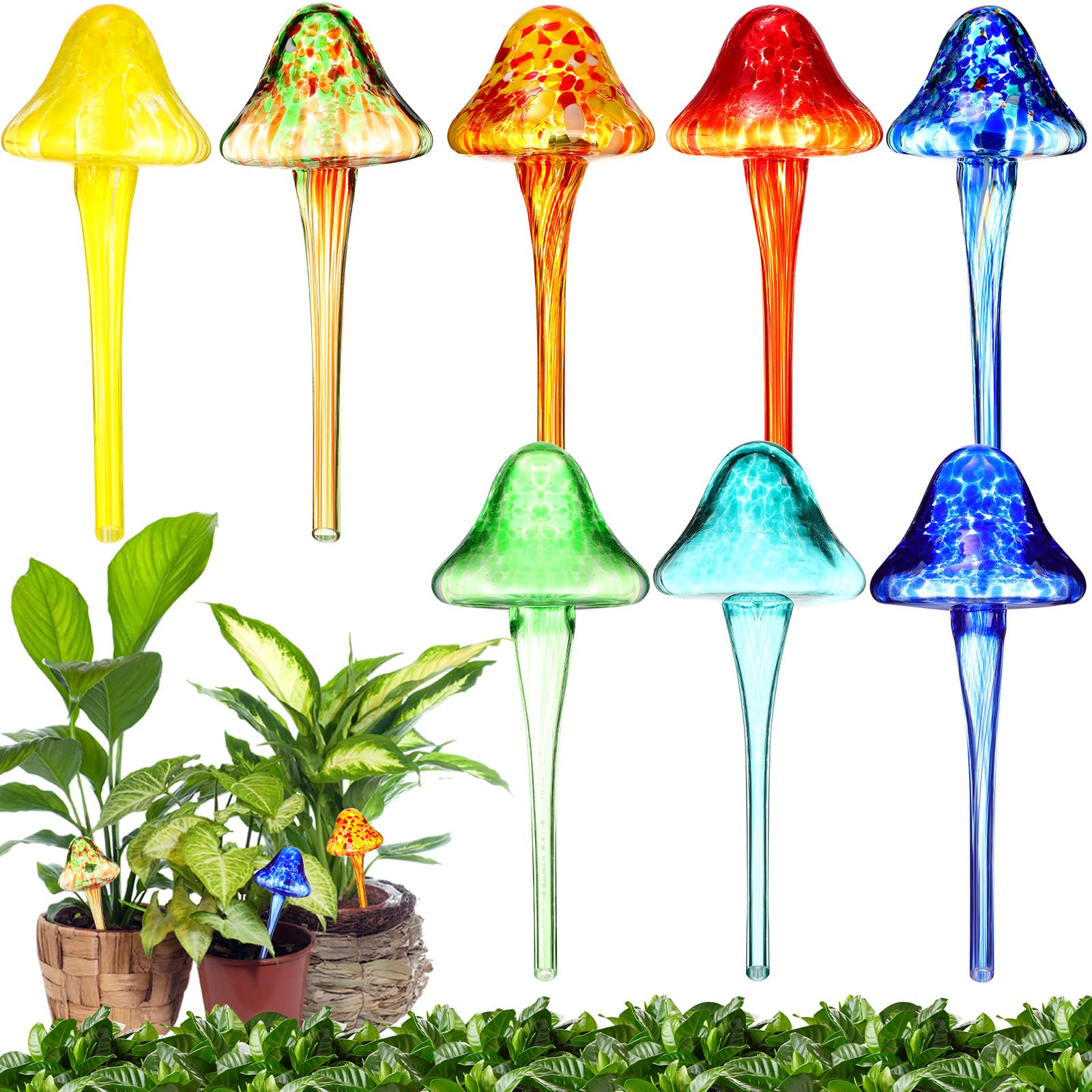 Meanplan 8-Pack Self Watering Globes - Automatic Glass Plant Waterer for Indoor & Outdoor Plants | Mushroom-Shaped Watering Bulbs & Spikes | Perfect for Vacation Care, Hanging Baskets, and Potted Plants