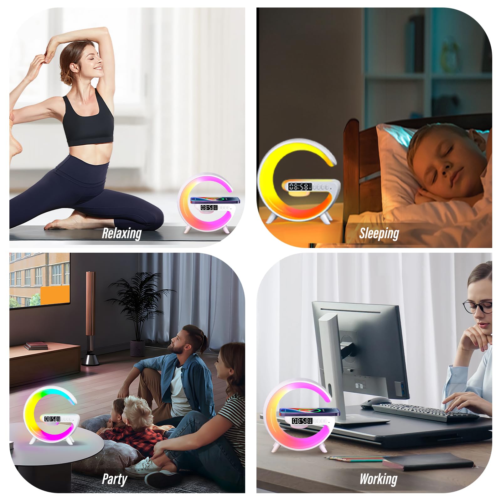 Wireless Charging LED Night Light with Bluetooth Speaker & Alarm Clock - Multifunctional Atmosphere Lamp for Bedroom, Dorm, Office Desk - Perfect Gift for Kids & Adults (Home Decor, Study Lamp, Mood Lighting)