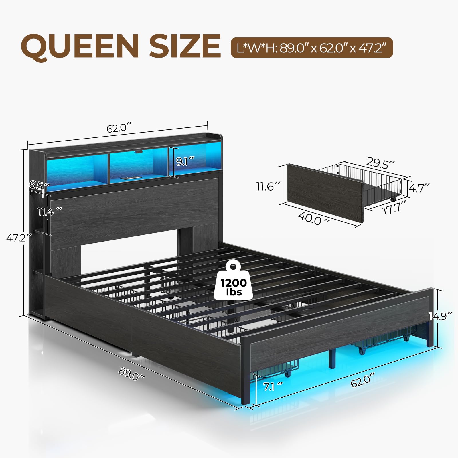 Rolanstar Queen Size Bed Frame with Storage Headboard & LED Lights - Metal Platform Bed with USB Charging Station, 4 Drawers & Bookcase - No Box Spring Needed - Easy Assembly & Noise-Free - Black - Perfect for Small Bedrooms, Dorms & Apartments