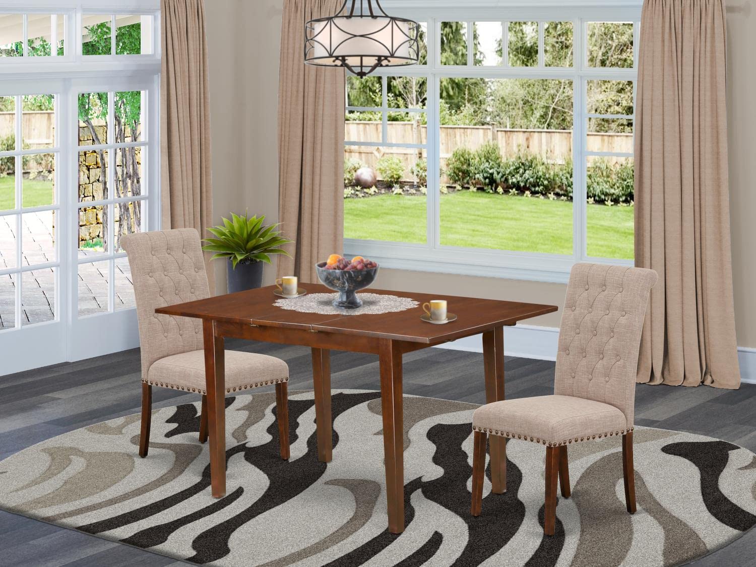 East West Furniture 3 Piece Kitchen Table & Chairs Set - 32x60 Inch Rectangle Dining Table with Butterfly Leaf & 2 Light Tan Linen Fabric Parson Chairs, Mahogany - Perfect for Small Dining Rooms, Breakfast Nooks & Compact Apartments