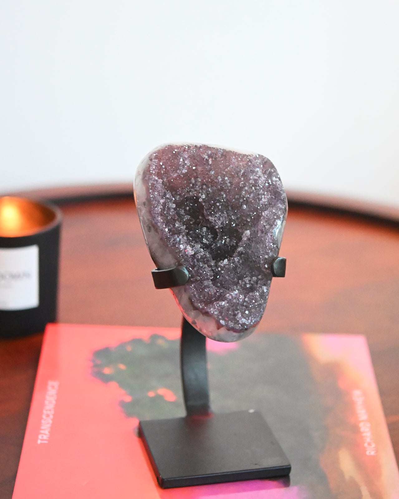 Natural Amethyst Crystal Geode on Wooden Stand - 3.1lbs Raw Purple Quartz Cluster for Home Decor, Meditation & Healing | Perfect for Living Room, Office & Spiritual Space