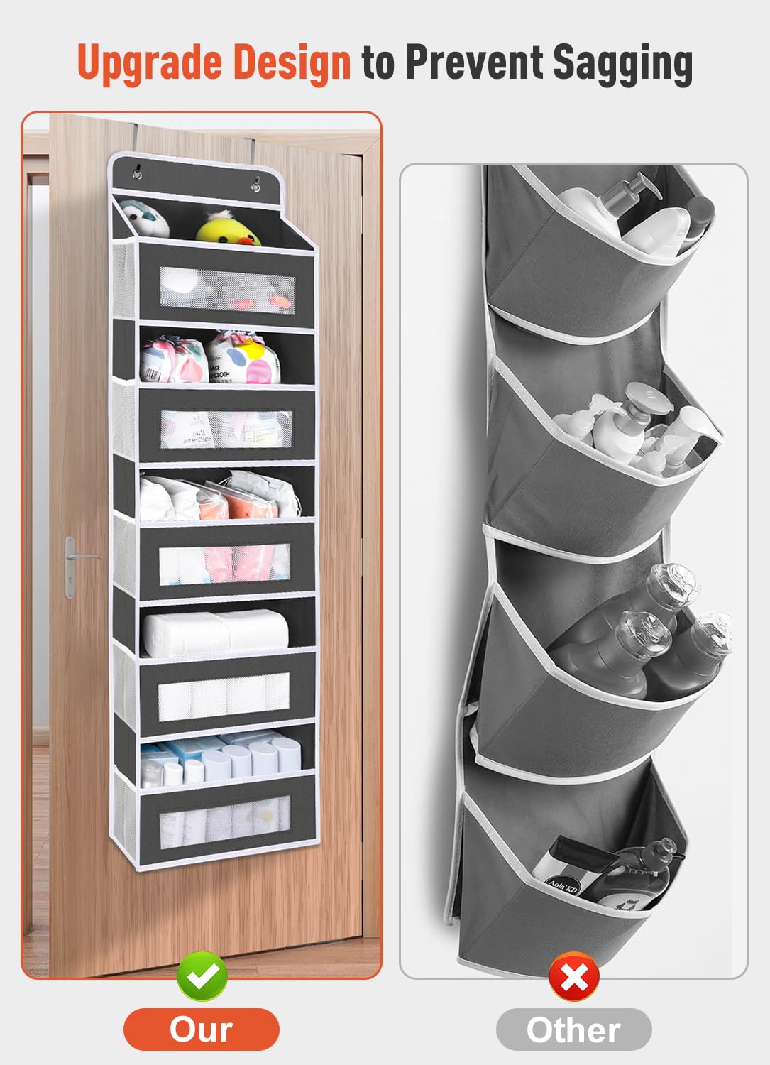 Over The Door Organizer Storage - 5-Shelf Hanging Door Organizer with 10 Large Pockets, Holds 48 lbs, Anti-Tilt Design for Bedroom, Bathroom & Pantry (Dark Gray, 2-Pack) - Perfect for Organizing Shoes, Toys, Towels & Cleaning Supplies