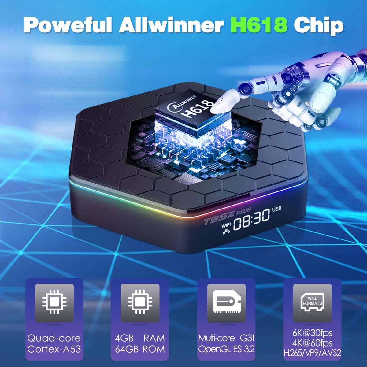 2025 T95Z Plus Android TV Box 12.0 - 6K Ultra HD, 4GB RAM 64GB ROM, H618 Chip, Dual WiFi 2.4G/5G, Bluetooth 5.0, HDR10+, 3D Support - with Mini Wireless Keyboard - Perfect for Streaming Netflix, Hulu, and Gaming on Your Smart TV