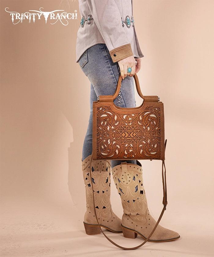 Trinity Ranch Tooled Leather Tote Bag with Concealed Carry Pocket - Stylish & Functional Purse for Women, Perfect for Everyday Use, Travel, and Concealed Carry Needs