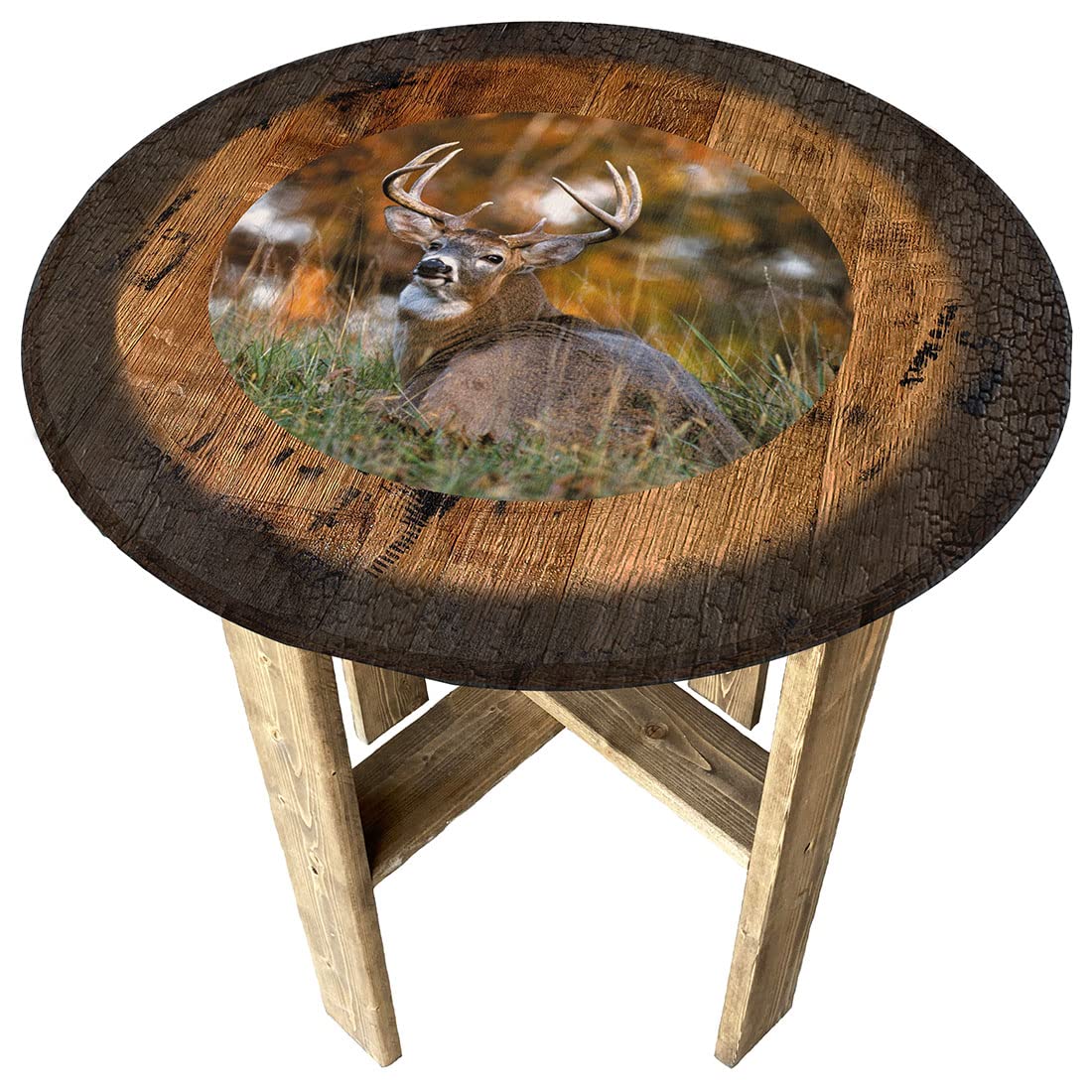 Rustic Whiskey Barrel End Table - Deer Buck in The Grass Pub Gift, Farmhouse Decor for Living Room, Man Cave or Hunting Lodge