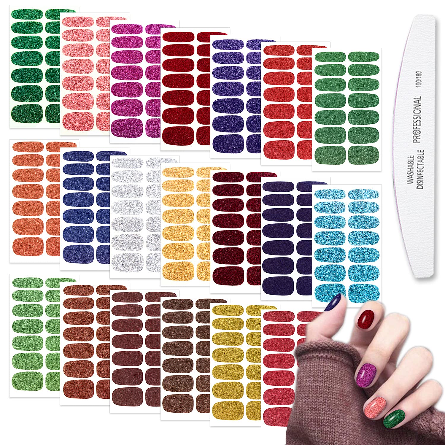 WOKOTO 20 Sheets Solid Glitter Color Nail Polish Strips with Nail File - DIY Gel Nail Strips, Stick On Nail Stickers & Full Nail Wraps for Women - Perfect for Home Manicures, Parties & Nail Art Designs