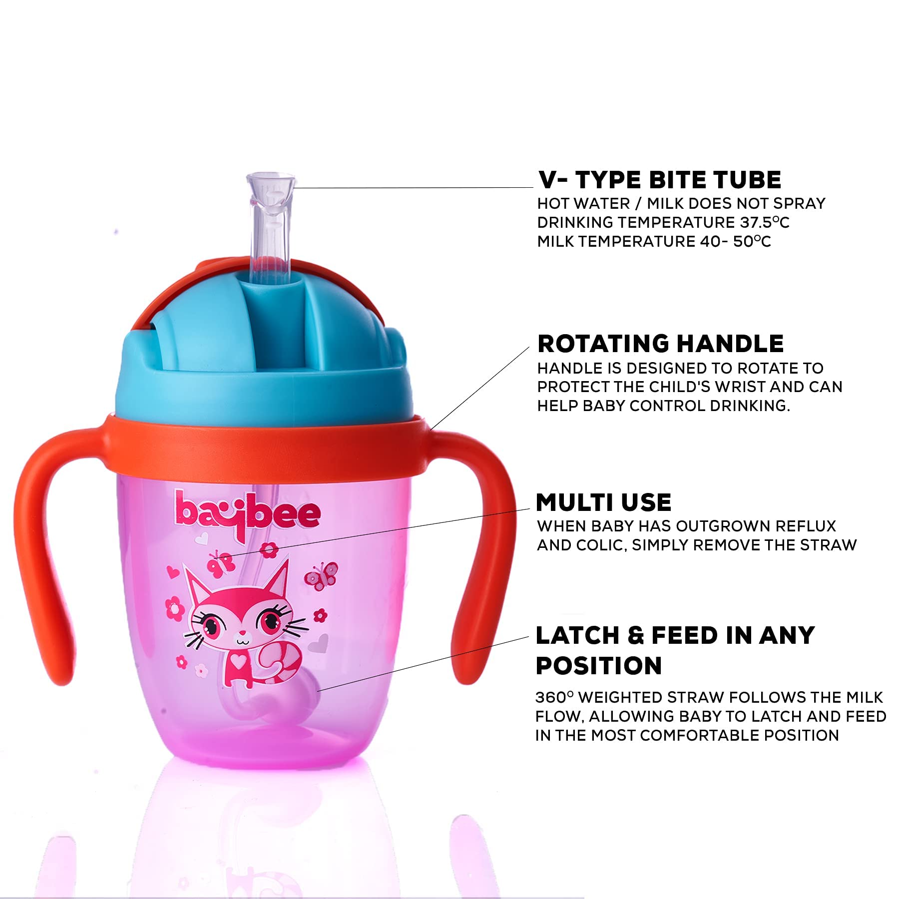 Baybee Flippo 240ML Anti-Spill Sippy Cup for Babies & Toddlers 6-36 Months - BPA Free Baby Bottle with Soft Silicone Straw - Leak Proof Training Cup for Travel, Daycare & Home Use (Pink)