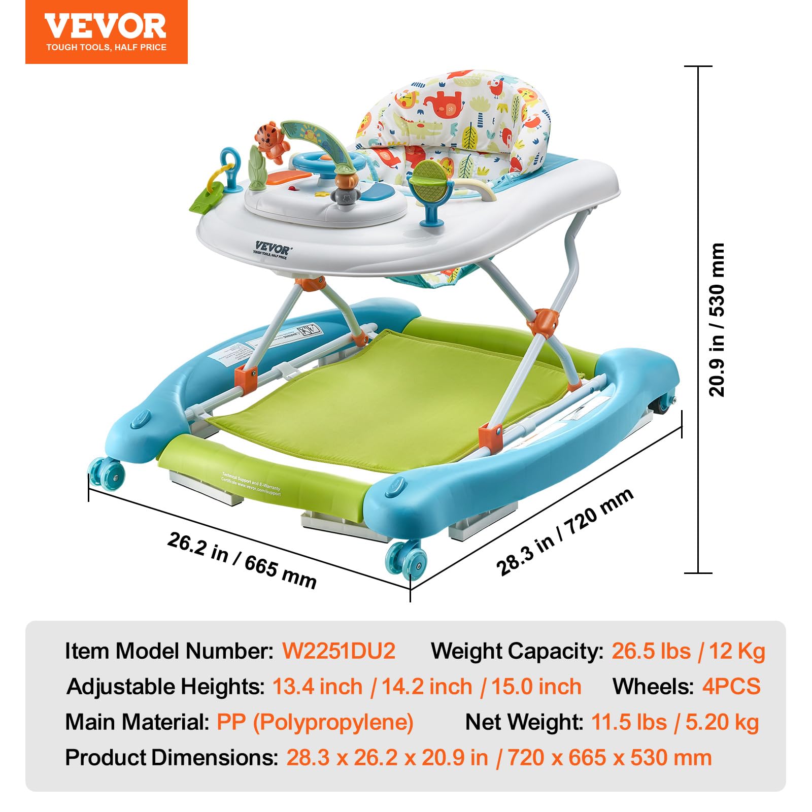VEVOR 4-in-1 Baby Activity Walker with Wheels - Adjustable Height Learning Walker, Rocker & Bouncer for Toddlers 6-24 Months | Foldable Design with Music & Toy Tray | Perfect for Indoor Play & Early Development