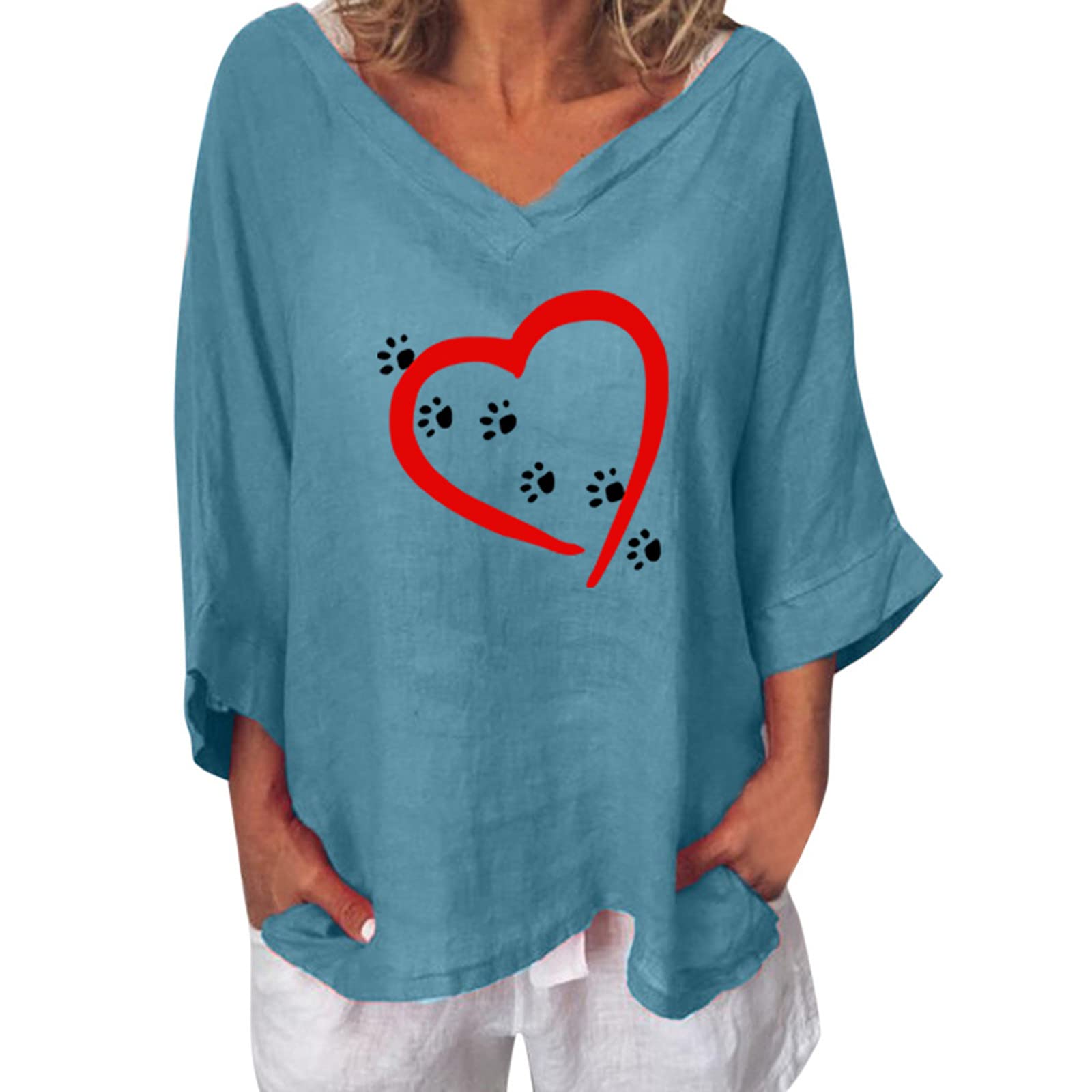 Women's Long Sleeve Loose V-Neck Floral Heart Print Blouse - Casual T-Shirt Top for Autumn & Fall Season | Perfect for Work, Date Night & Everyday Wear