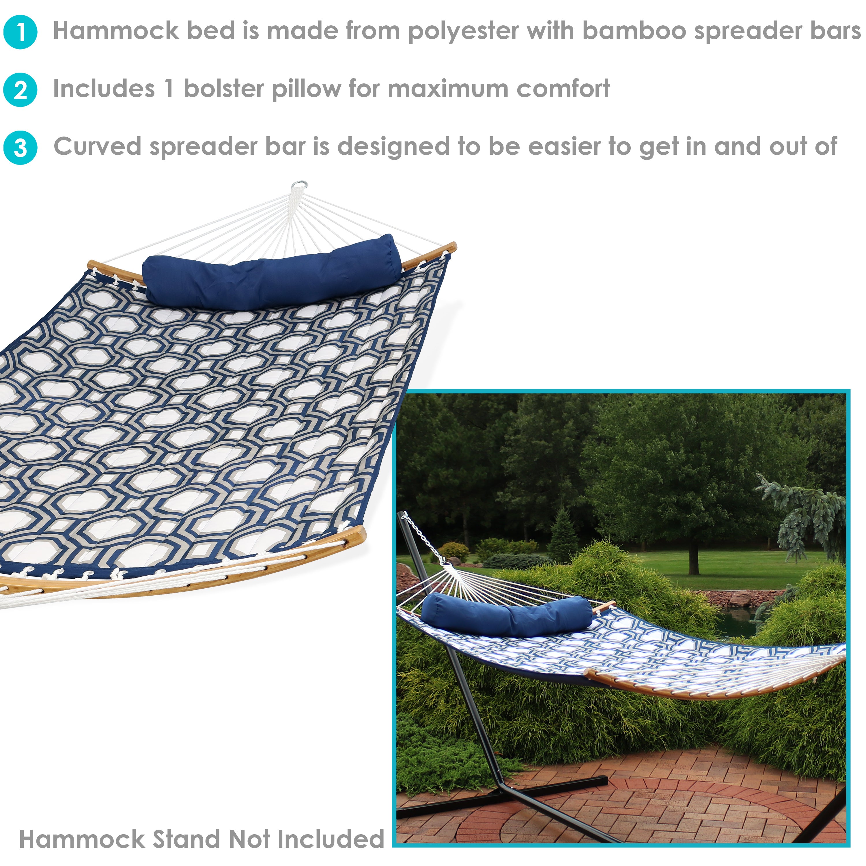 Premium Sunnydaze Quilted Outdoor Hammock with Curved Bamboo Spreader Bar & Comfort Pillow - Perfect for Backyard, Patio, Camping & Relaxation